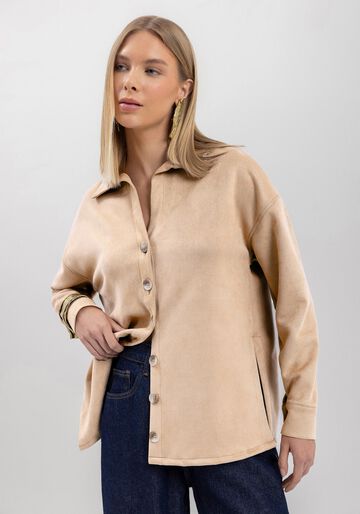 Casaco Boyfriend Em Malha Suede Com Botões Frontais, BEGE CENTURY. Casaco Boyfriend Em Malha Suede Com Botões Frontais, BEGE CENTURY, large.