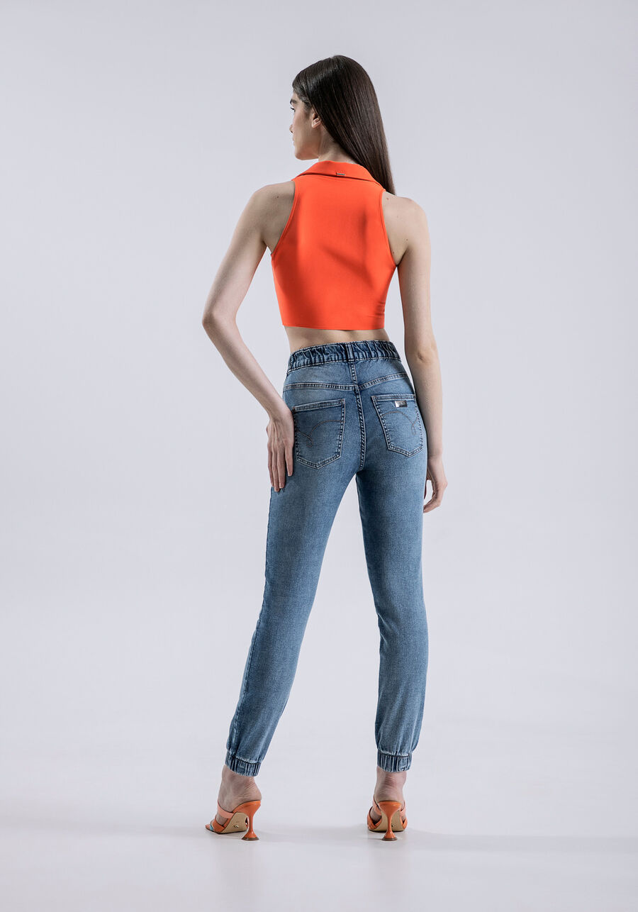 Calça Jeans Jogging Cropped Cintura Alta, JEANS. Calça Jeans Jogging Cropped Cintura Alta, JEANS, large.