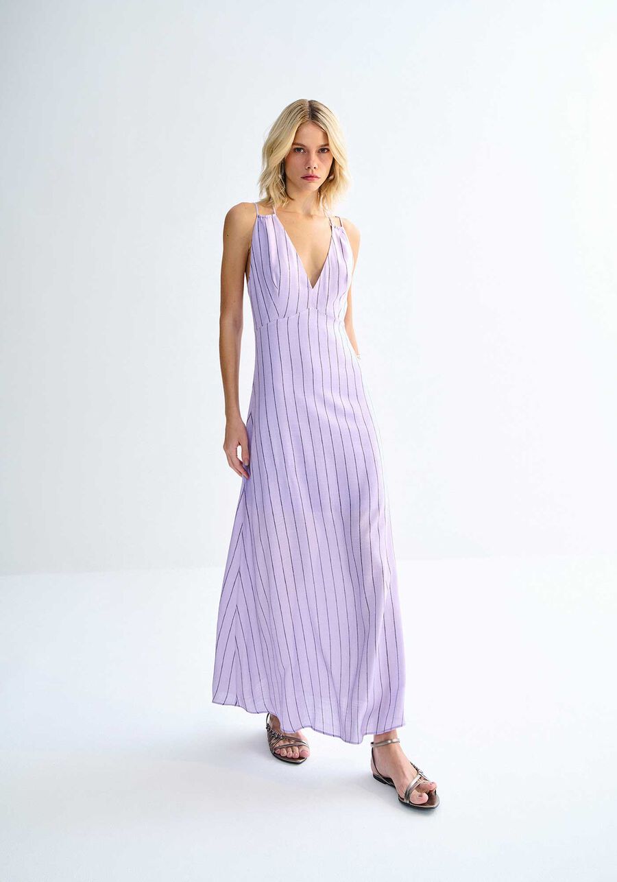 Vestido Midi Listrado em Viscose com Recorte Costas, ESSENCE LILAS. Vestido Midi Listrado em Viscose com Recorte Costas, ESSENCE LILAS, large.