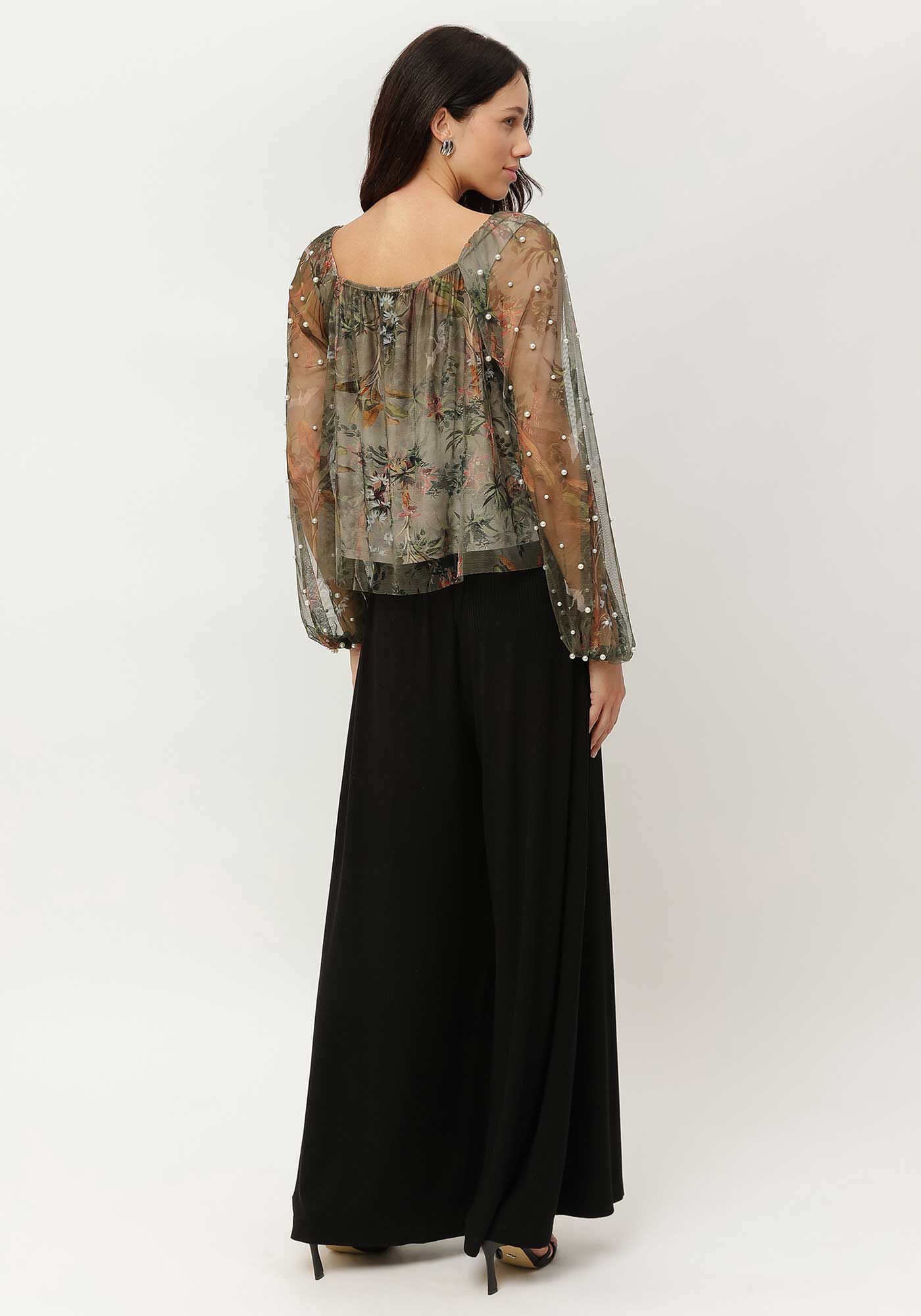 Blusa Estampada com em Tule com P&eacute;rolas, , large.