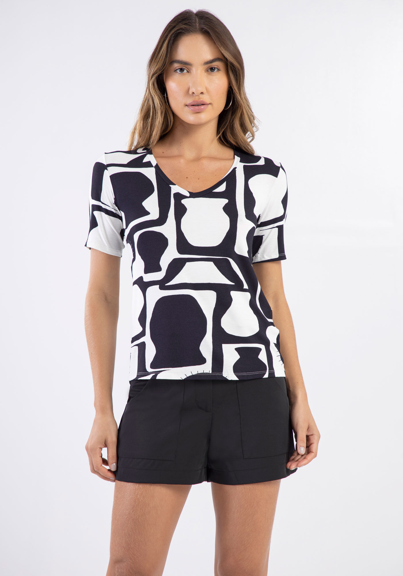 Blusa Manga Curta Estampada com Decote V, , large.