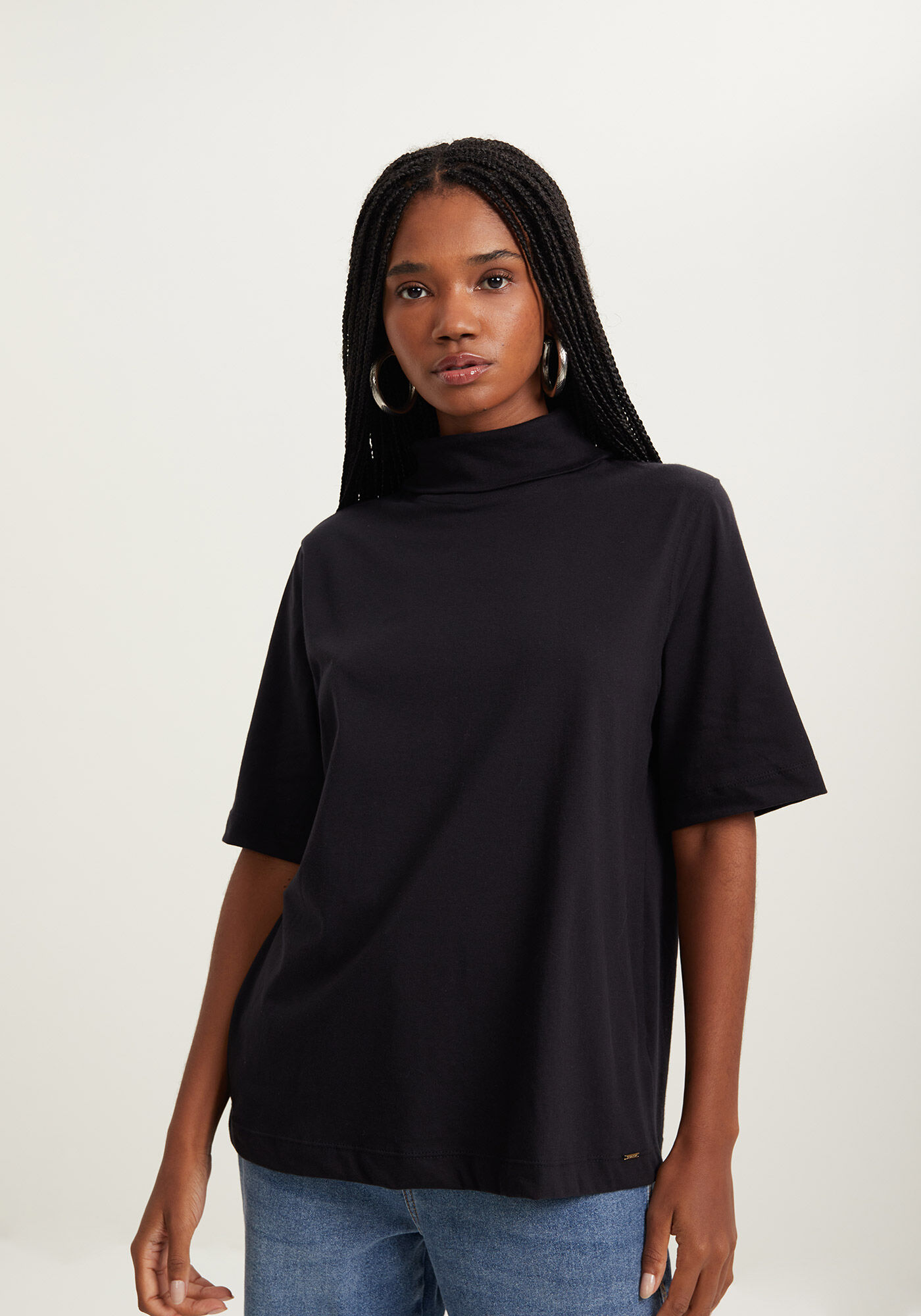 Blusa T-shirt Com Gola Alta Em Malha De Algod&atilde;o Penteado, , large.