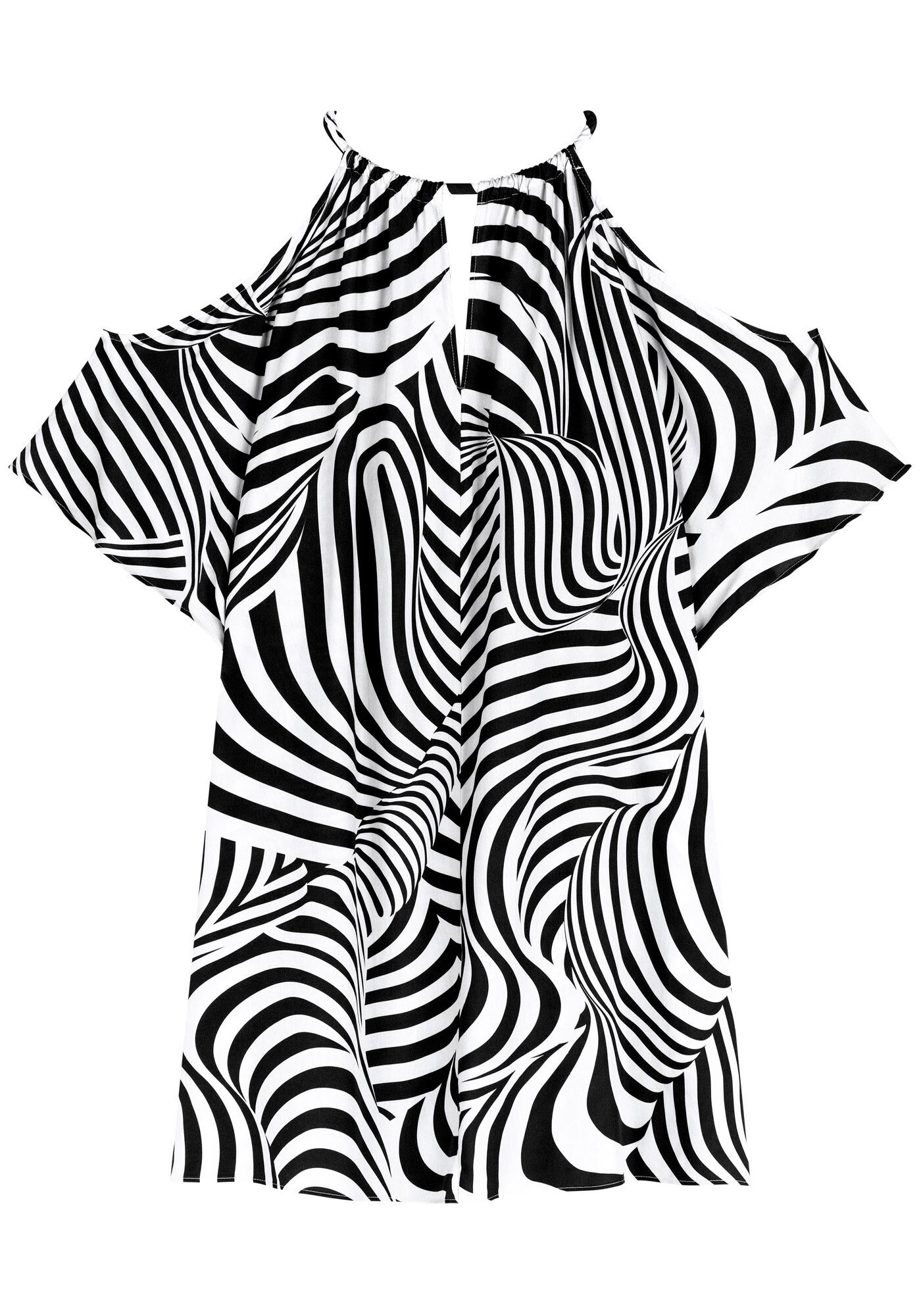 Vestido Curto Fluido Estampado Com Mangas Amplas Em Viscose, , large.