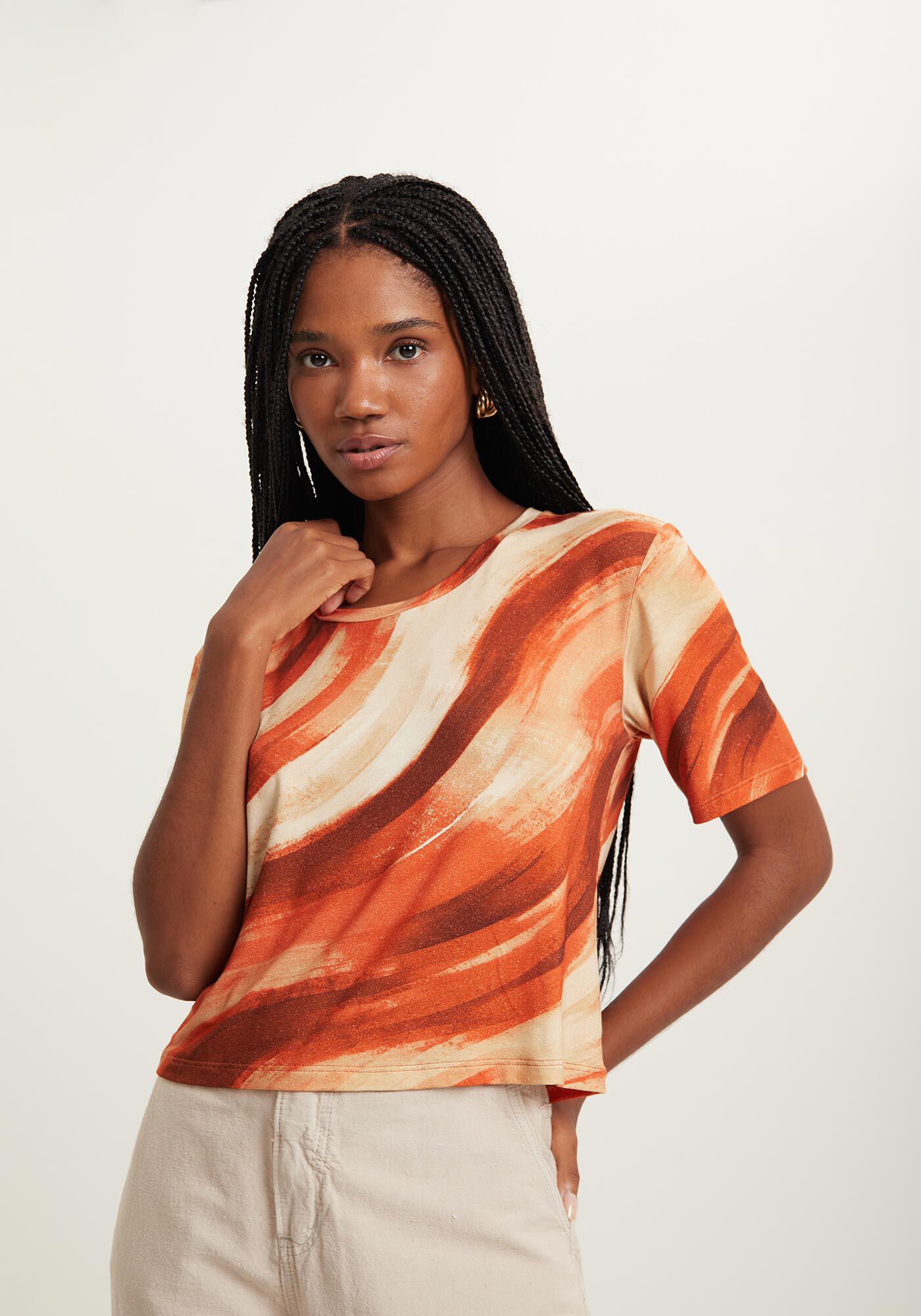 Blusa Curta Estampada Em Malha De Viscose Respons&aacute;vel, ART LARANJA, large.