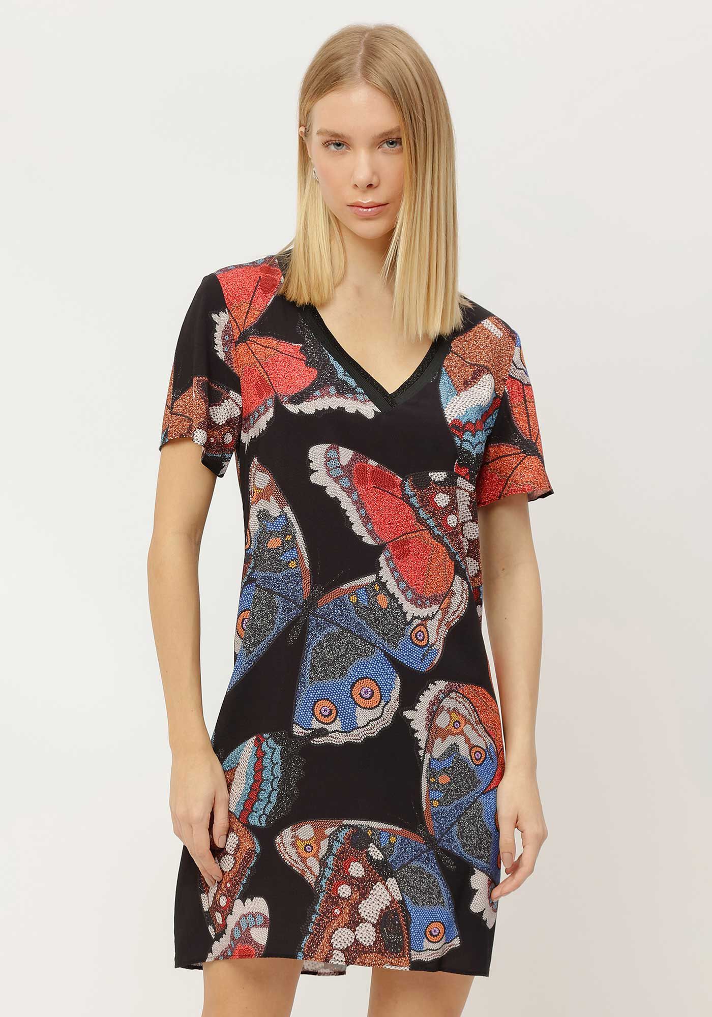 Vestido Curto Estampado com Decote V Retil&iacute;nea, , large.