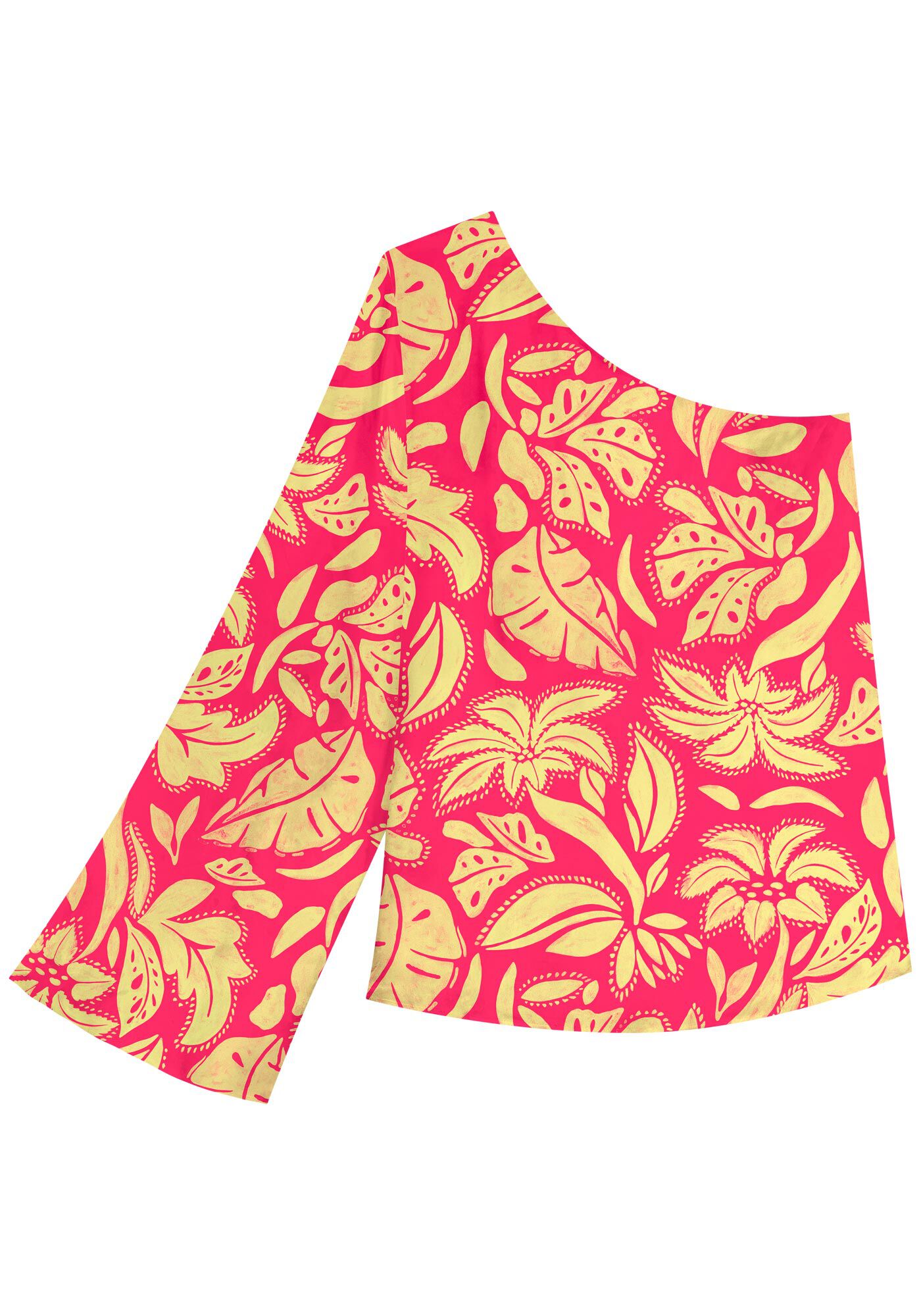 Blusa Estampada De Um Ombro S&oacute; Com Manga Longa, FOLHAGENS ROSA, large.