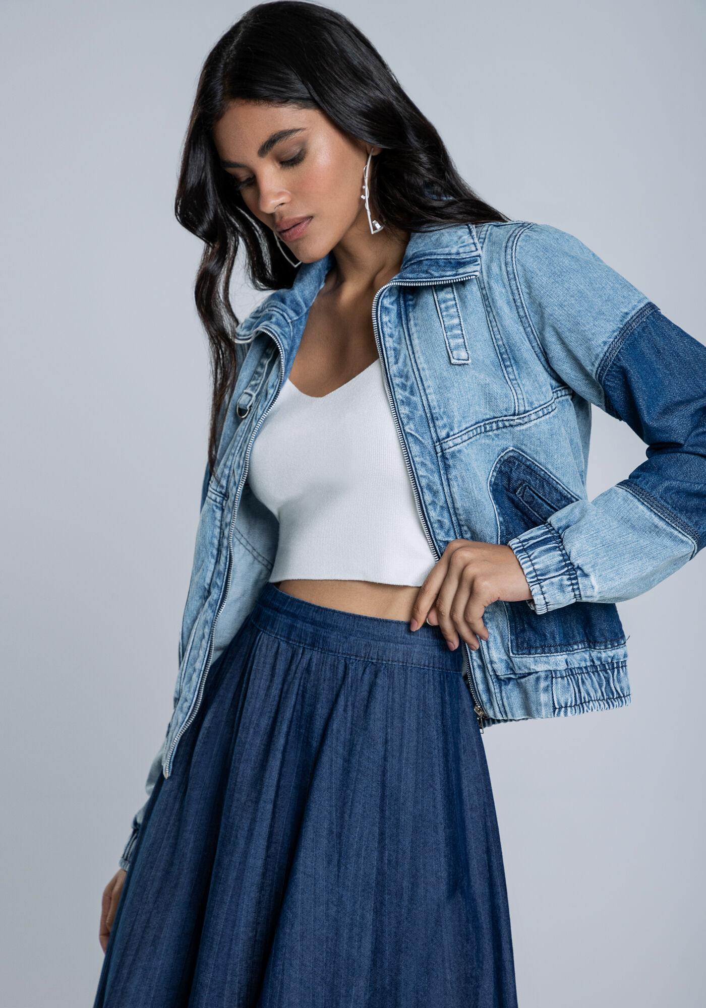 Saia plissada com blusa jeans new arrivals