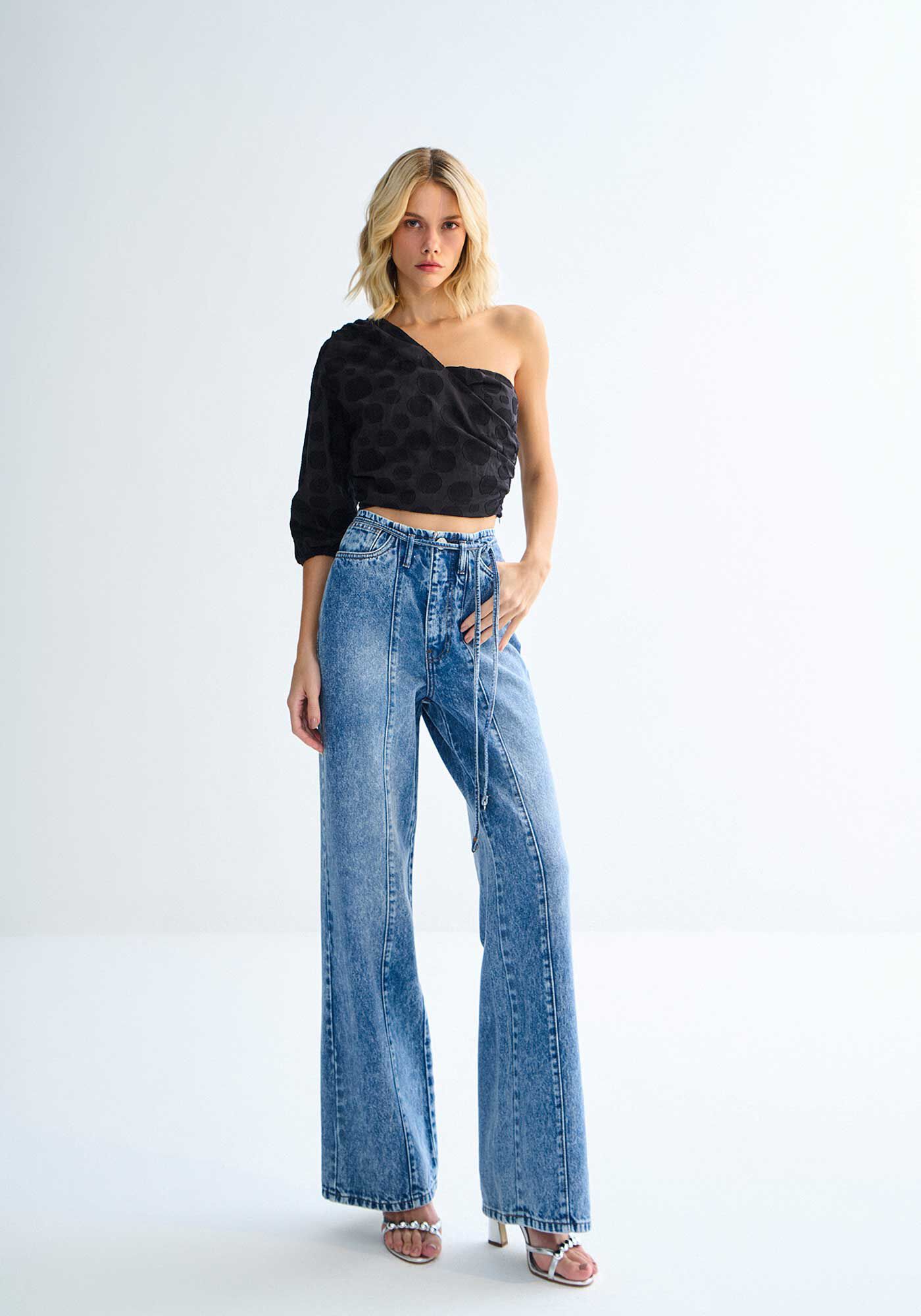 Blusa Um Ombro S&oacute; em Cotton Po&aacute; com Top, , large.