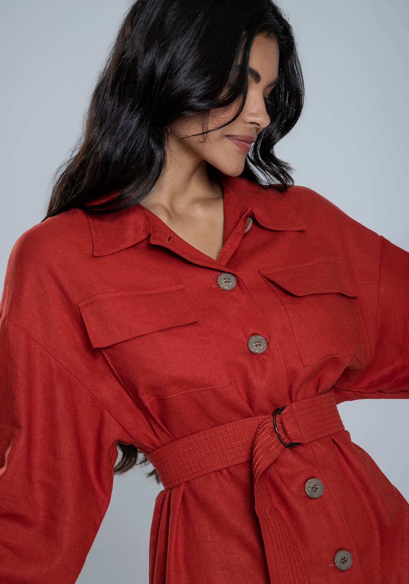 Camisa em Linho com Bolsos e Cinto, , large.