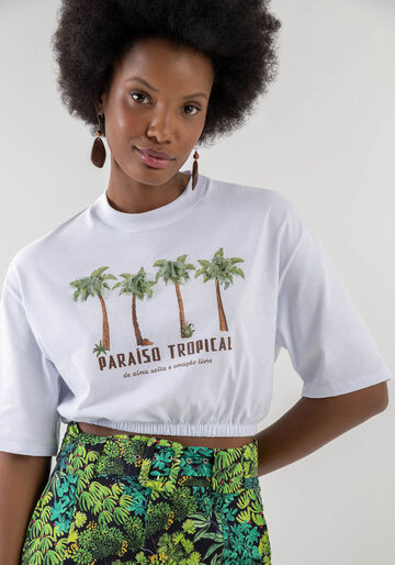 T-shirt Cropped Estampada com Elástico Barra, BRANCO, large.