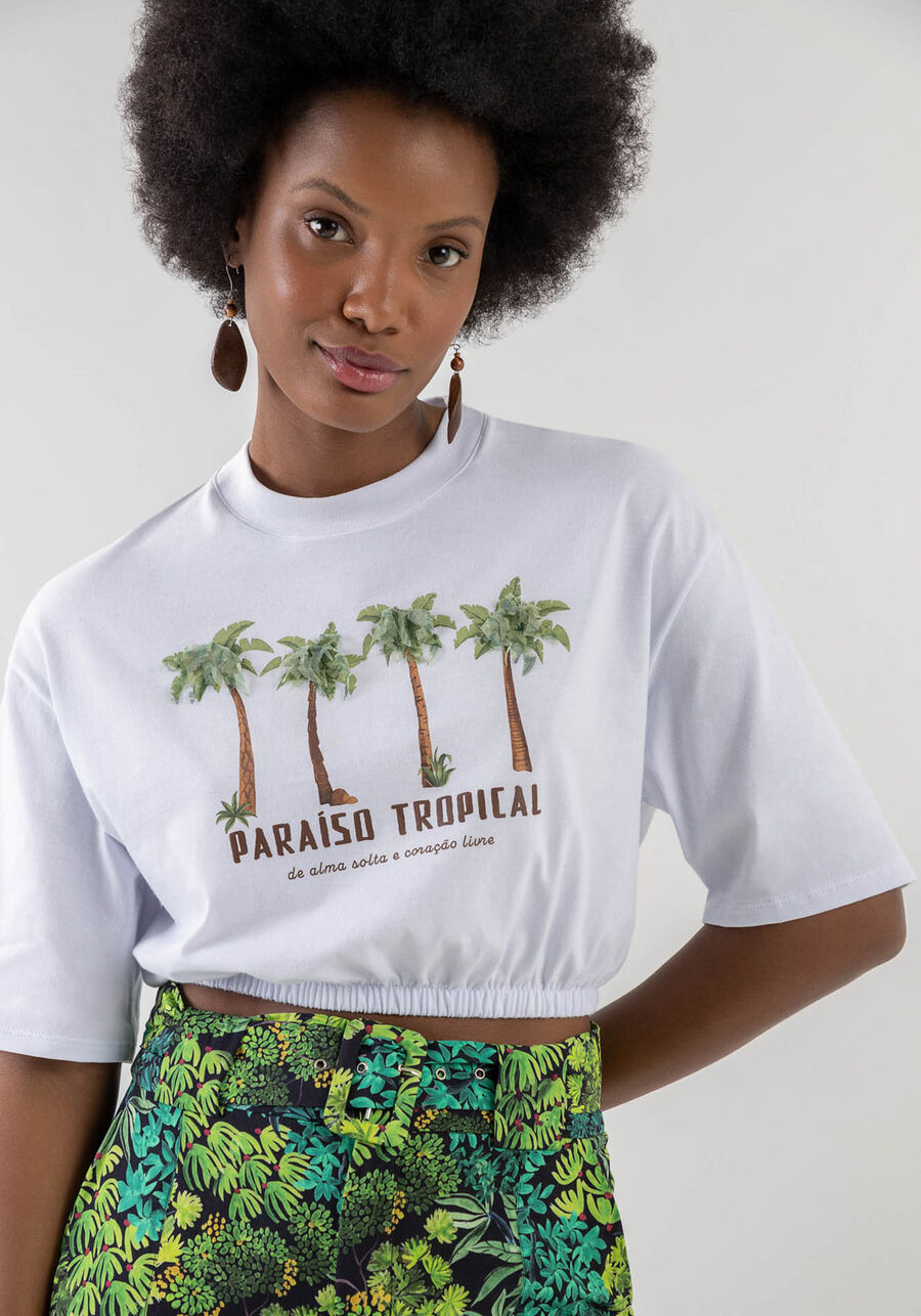 T-shirt Cropped Estampada com Elástico Barra, BRANCO. T-shirt Cropped Estampada com Elástico Barra, BRANCO, large.