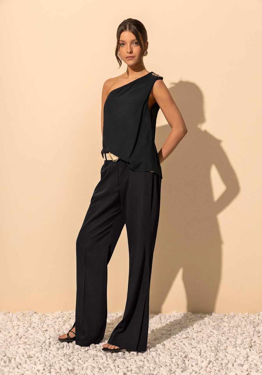 Blusa Fluida De Um Ombro Só Com Enfeites Metalizados, PRETO. Blusa Fluida De Um Ombro Só Com Enfeites Metalizados, PRETO, large.