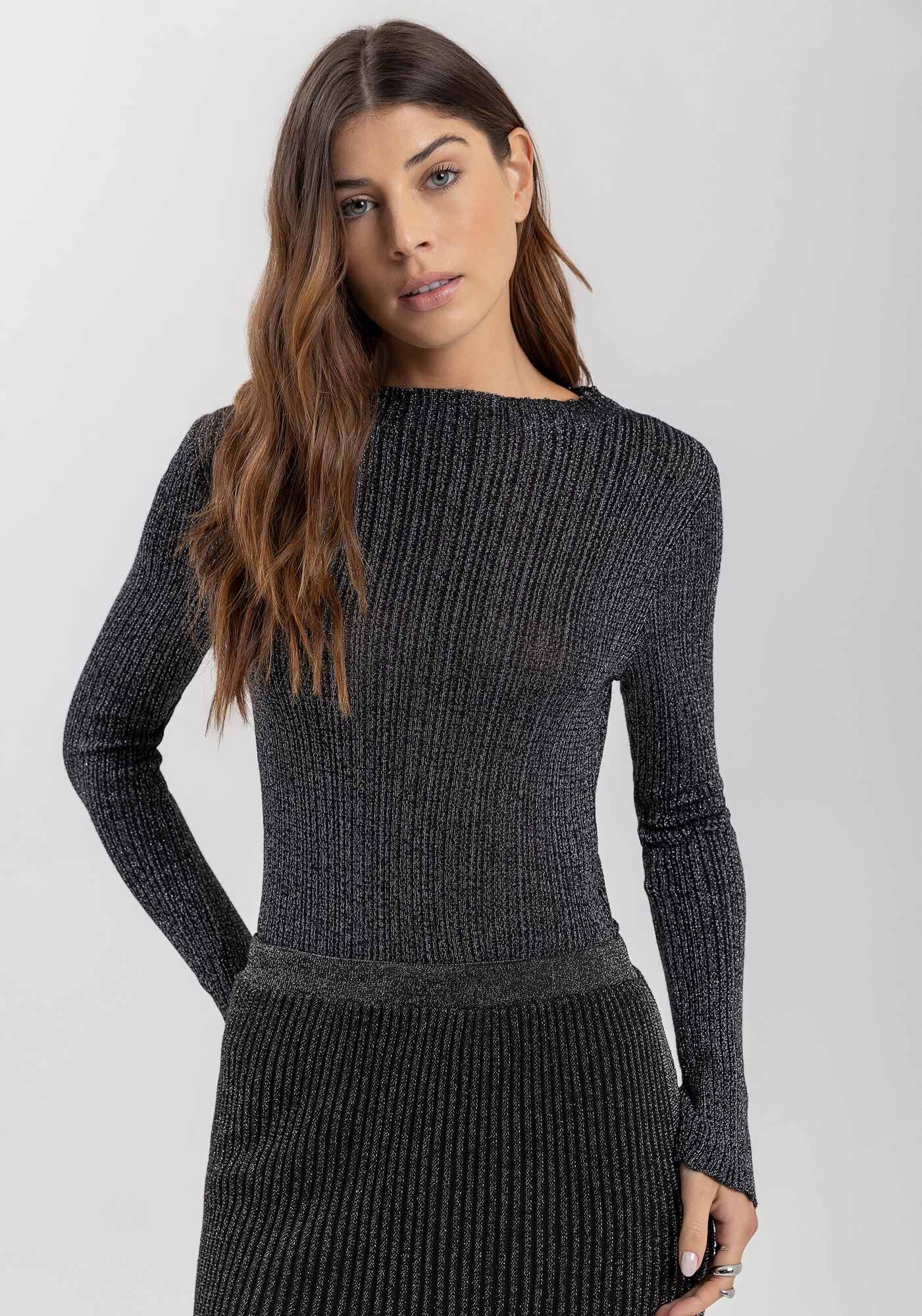 Blusa Curta De Mangas Longas Em Tric&ocirc; Com Fios De Lurex, , large.