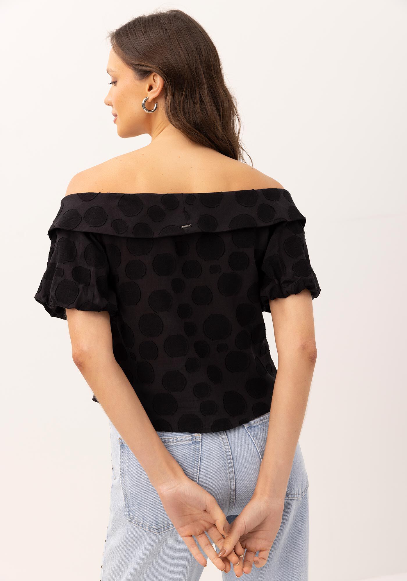 Blusa Ombro a Ombro em Cotton Po&aacute; com Babados, , large.