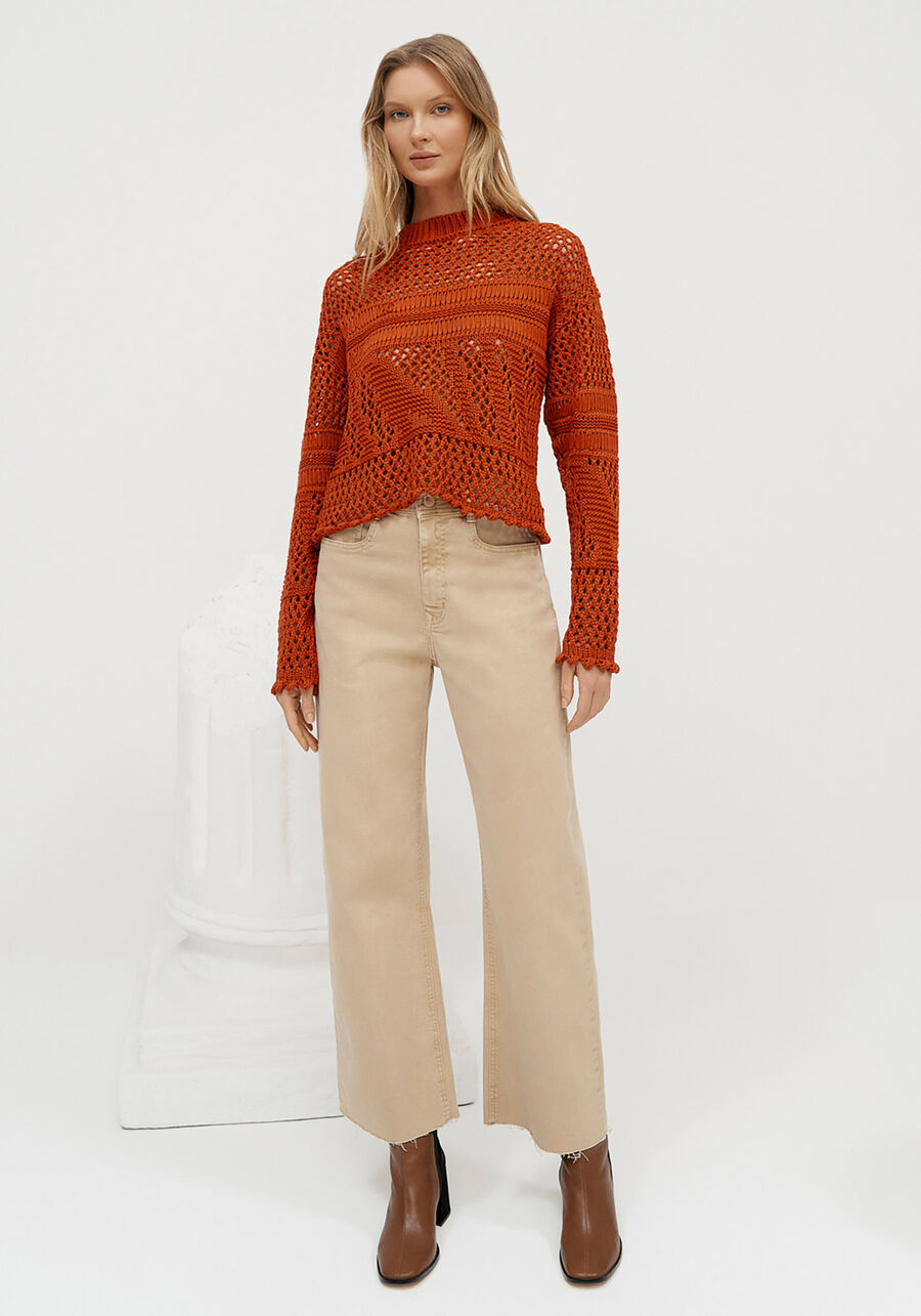 Calça Sarja Wide Leg Comfort Cropped Super Alta, BEGE FLAME. Calça Sarja Wide Leg Comfort Cropped Super Alta, BEGE FLAME, large.