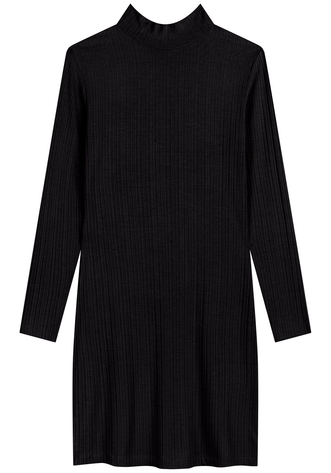 Vestido Curto Canelado Com Mangas Longas E Gola Alta, PRETO, large.