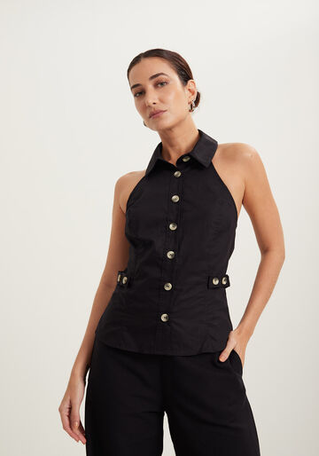 Blusa Sem Mangas Em Algodão Com Botões E Gola Camisa, PRETO. Blusa Sem Mangas Em Algodão Com Botões E Gola Camisa, PRETO, large.