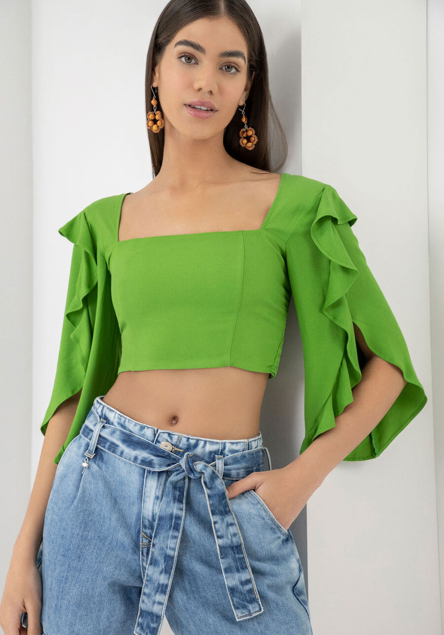 Blusa Decote Quadrado com Babado Manga, VERDE MONTANHA. Blusa Decote Quadrado com Babado Manga, VERDE MONTANHA, large.