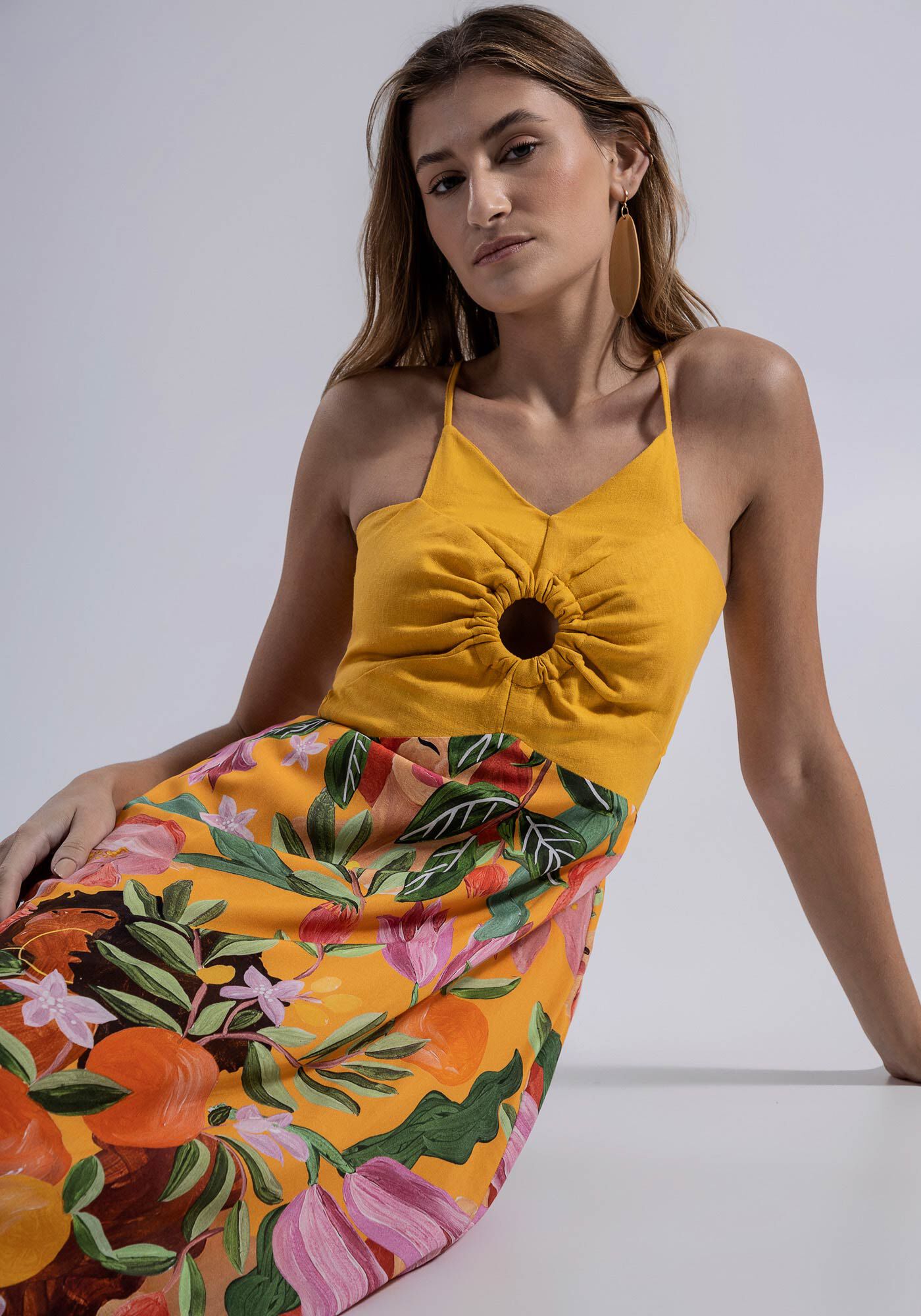 Vestido Midi em Linho e Viscose com Cut Out, POMAR, large.