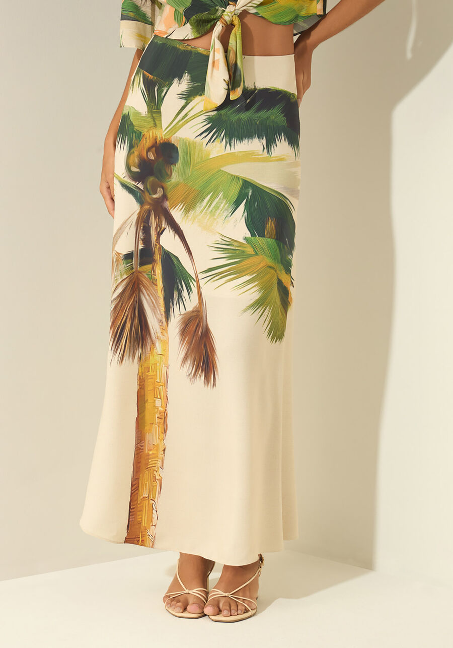Saia Longa Estampada Com Cintura Alta, PALMA BEGE. Saia Longa Estampada Com Cintura Alta, PALMA BEGE, large.