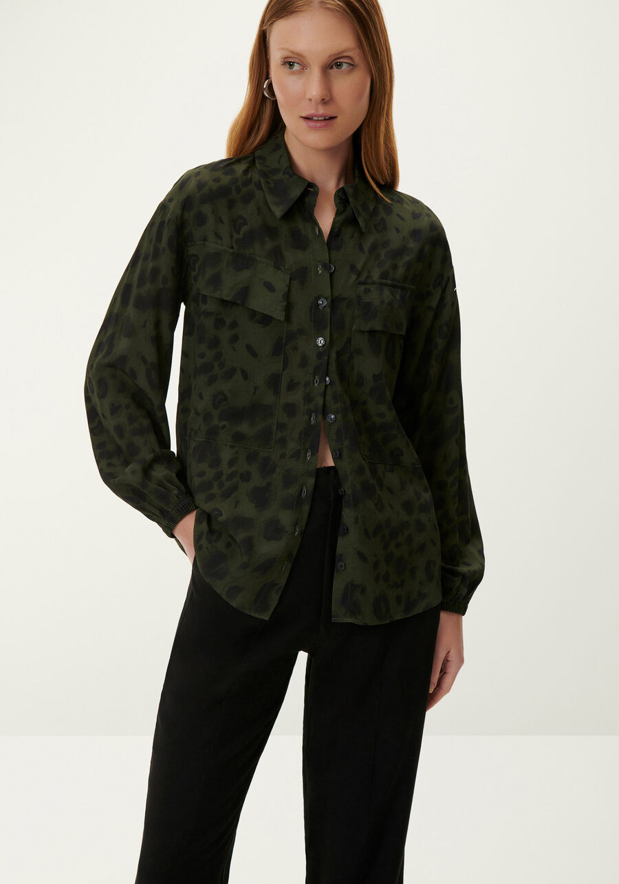 Camisa Estampada em Viscose com Bolsos, FOREST. Camisa Estampada em Viscose com Bolsos, FOREST, large.
