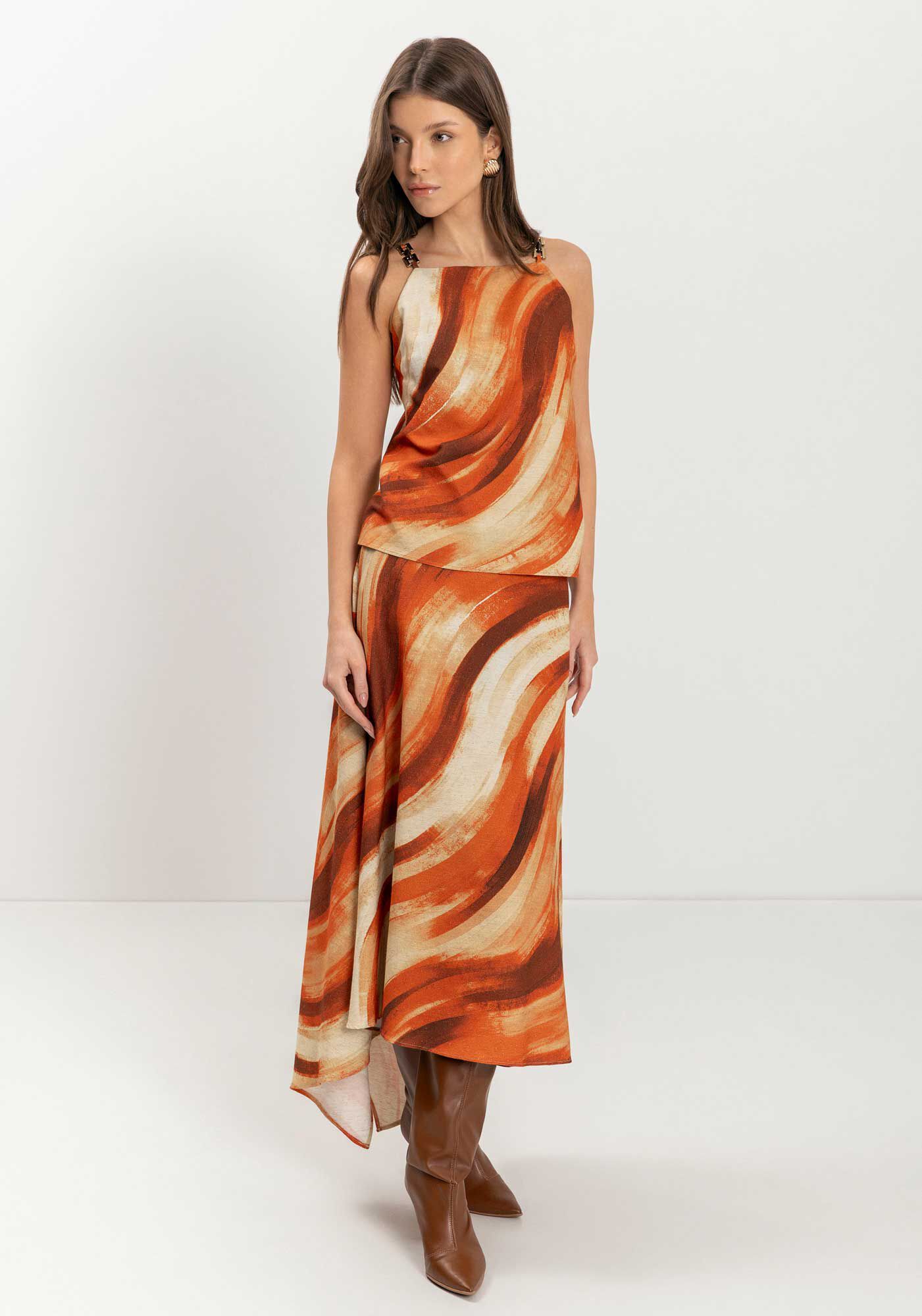 Blusa Estampada Em Viscose Com Enfeite Nas Al&ccedil;as, ART LARANJA, large.