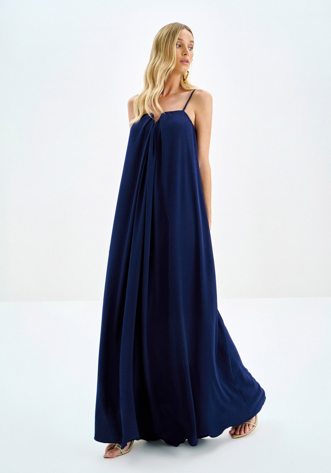 Vestido Longo Amplo em Crepe Franzido, MARINHO BERRY, large.