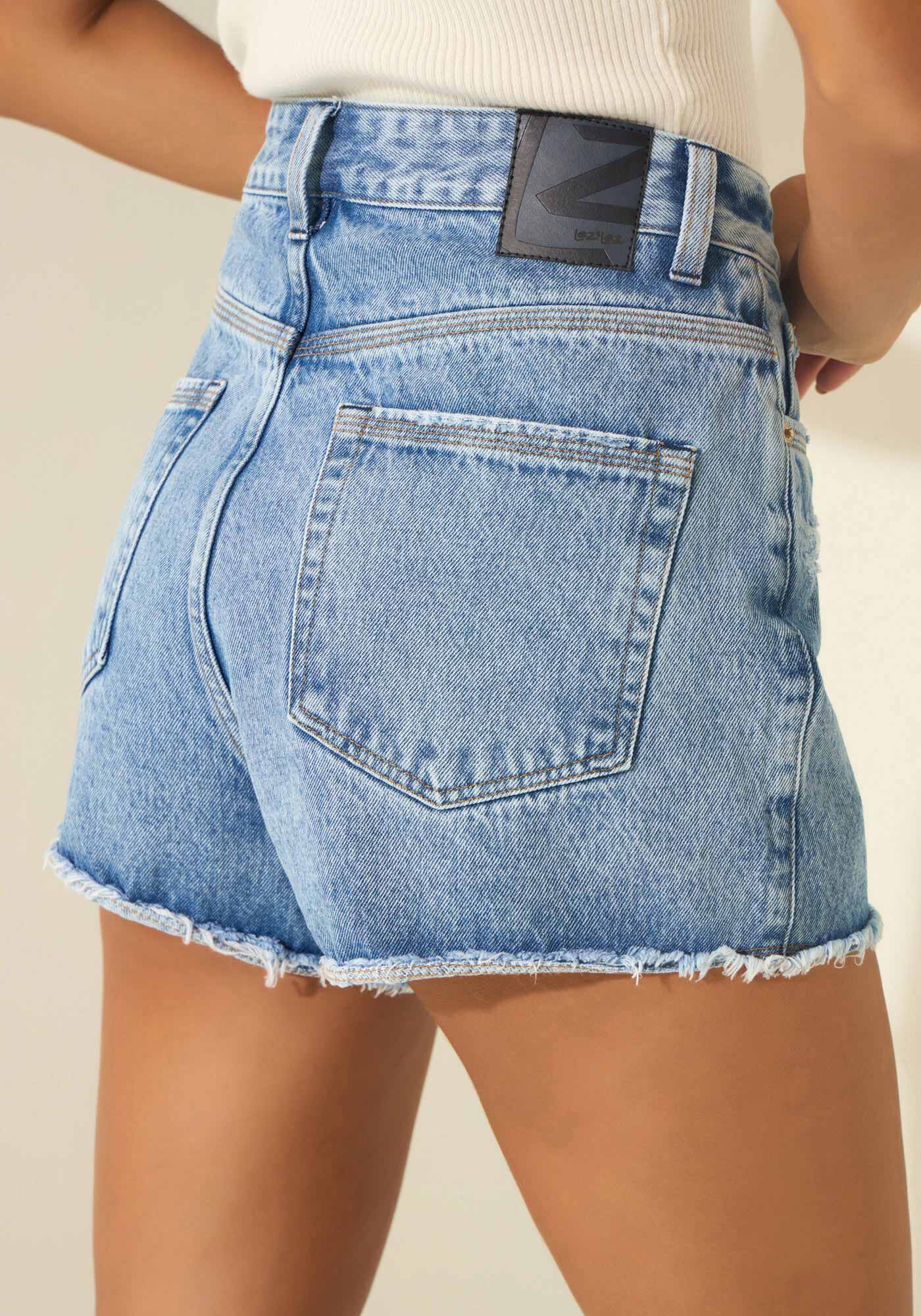 Shorts Jeans Hot Pants Com Cintura Alta, JEANS, large.