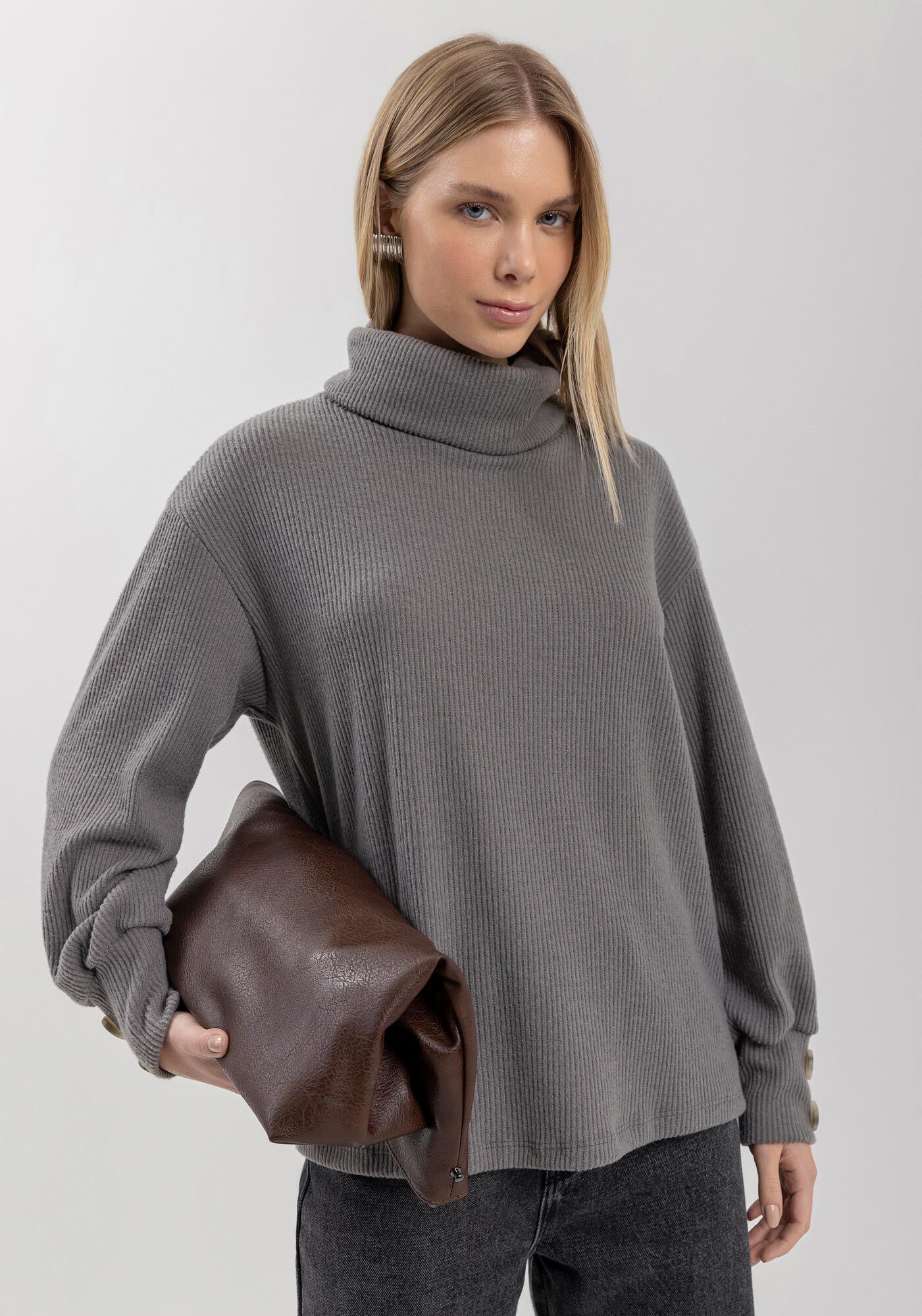 Blusa De Mangas Longas Em Malha Canelada Com Gola Alta, , large.