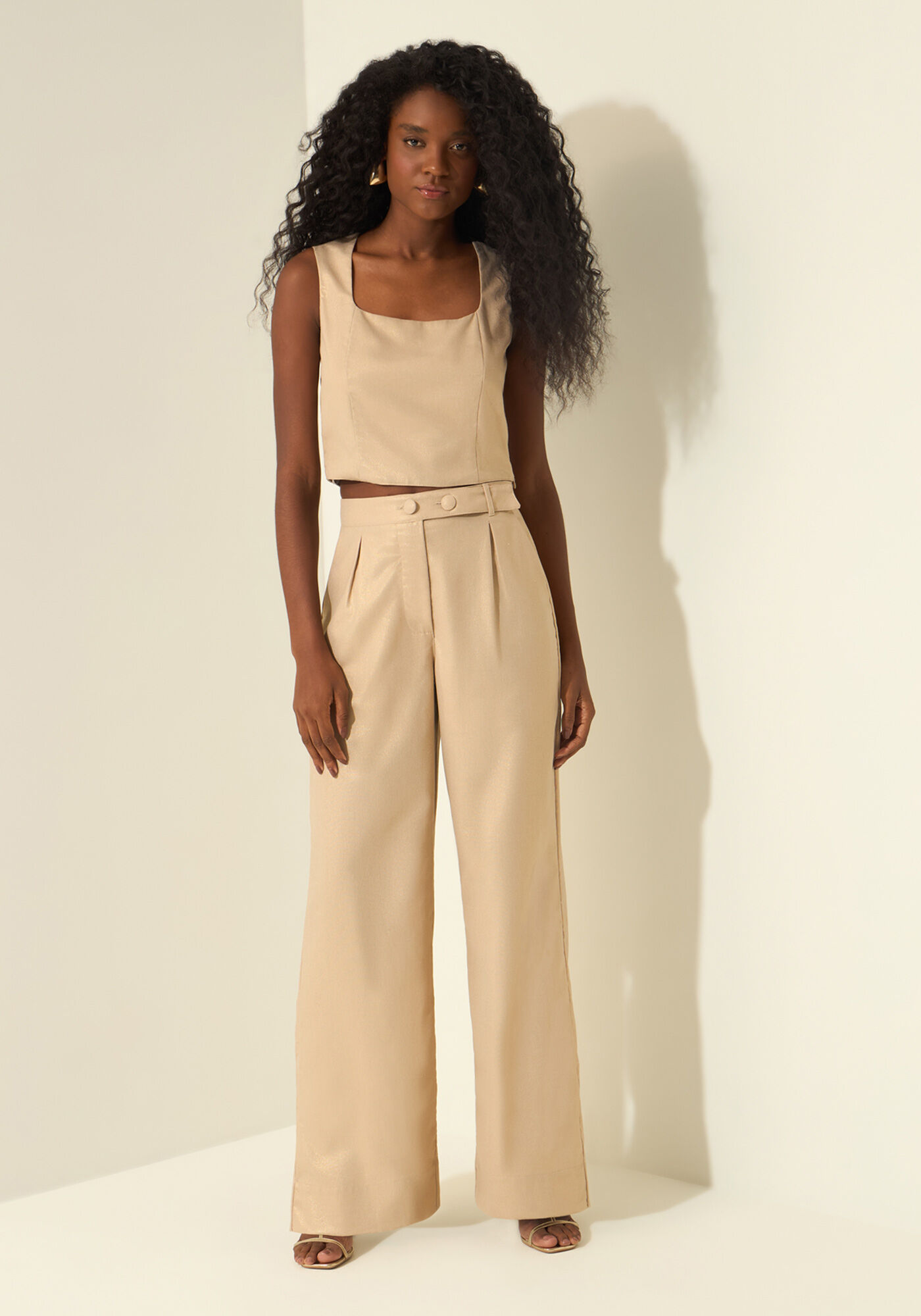 Cal&ccedil;a Reta De Cintura Alta Em Tecido Com Linho, BEGE FAIRWAY, large.