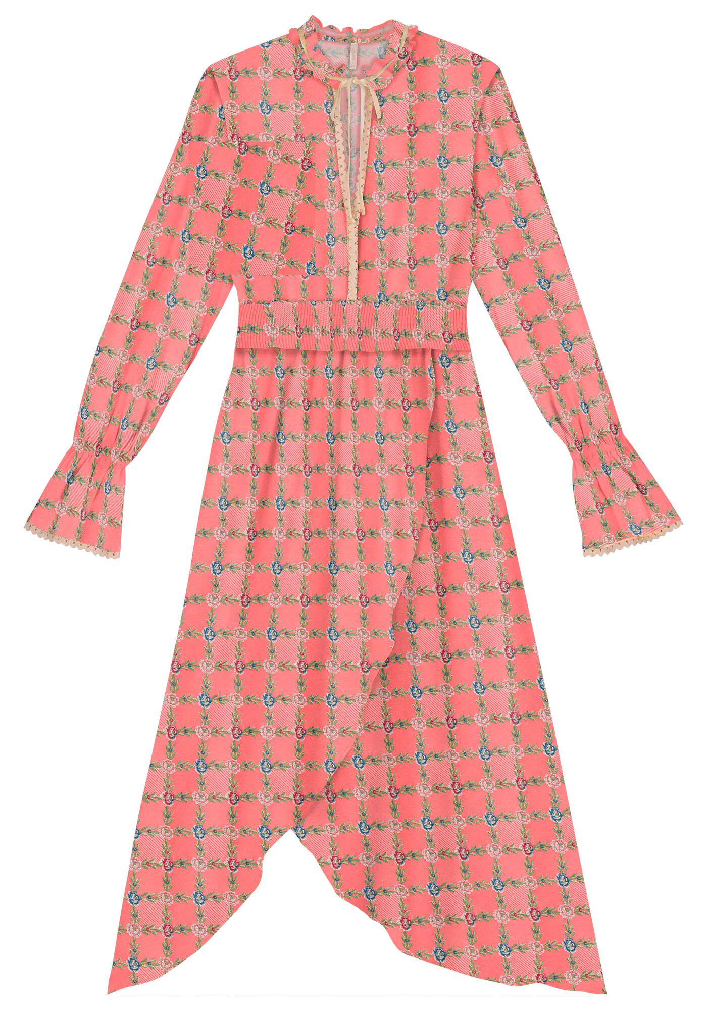 Vestido Longo Manga Longa Estampado com Renda, , large.