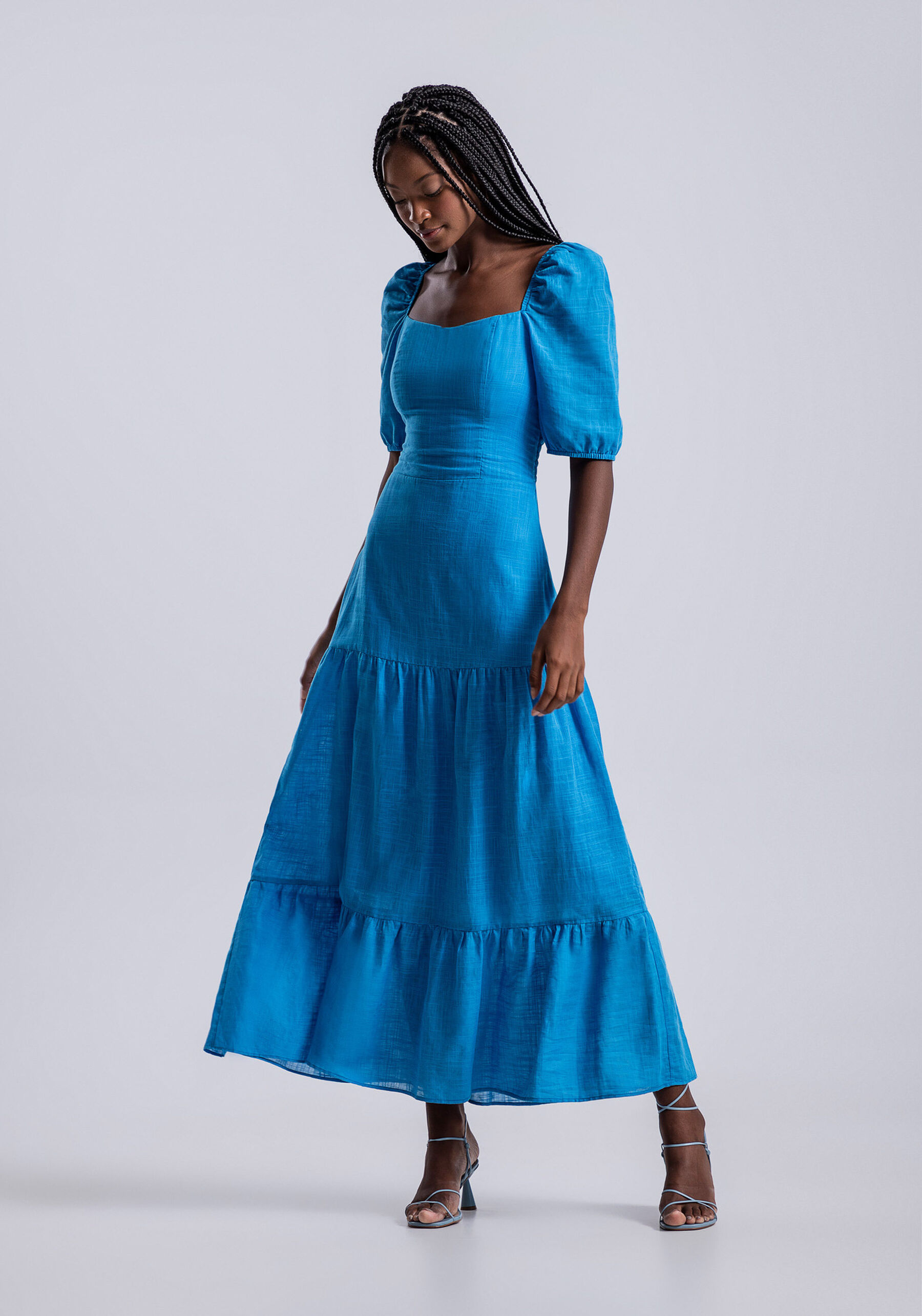 Vestido Midi em Tecido Thige com Manga Bufante, AZUL BAIANO. Vestido Midi em Tecido Thige com Manga Bufante, AZUL BAIANO, large.