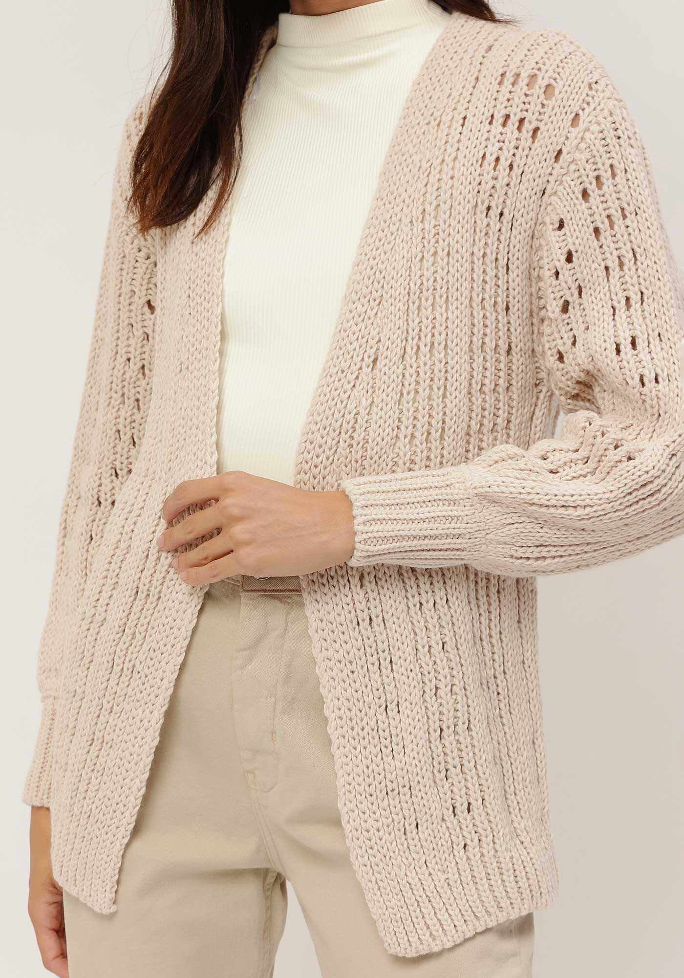 Cardigan em Tric&ocirc; Rendilhado com Manga Bufante, , large.