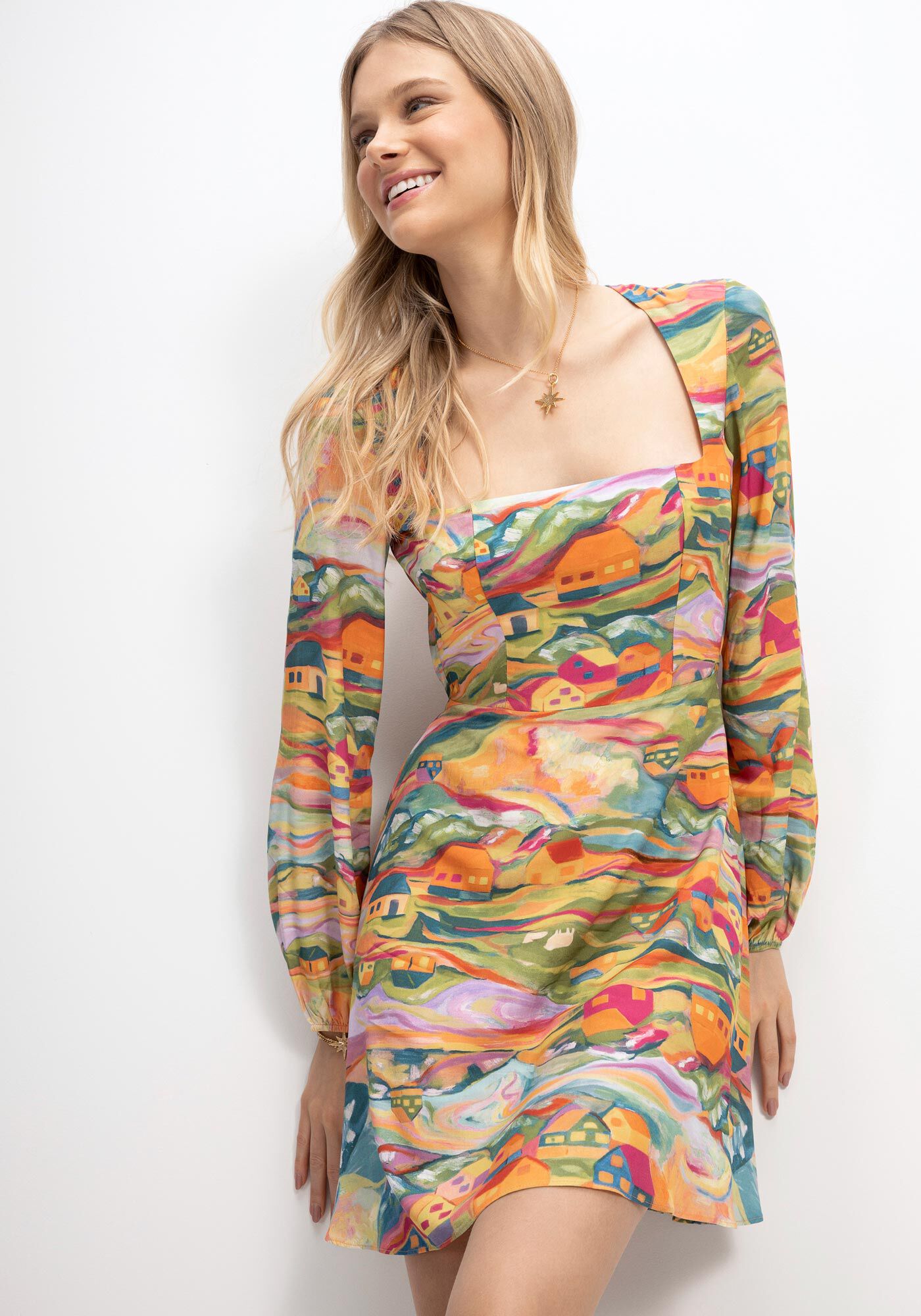 Vestido Curto Manga Longa com Abertura Costas, , large.