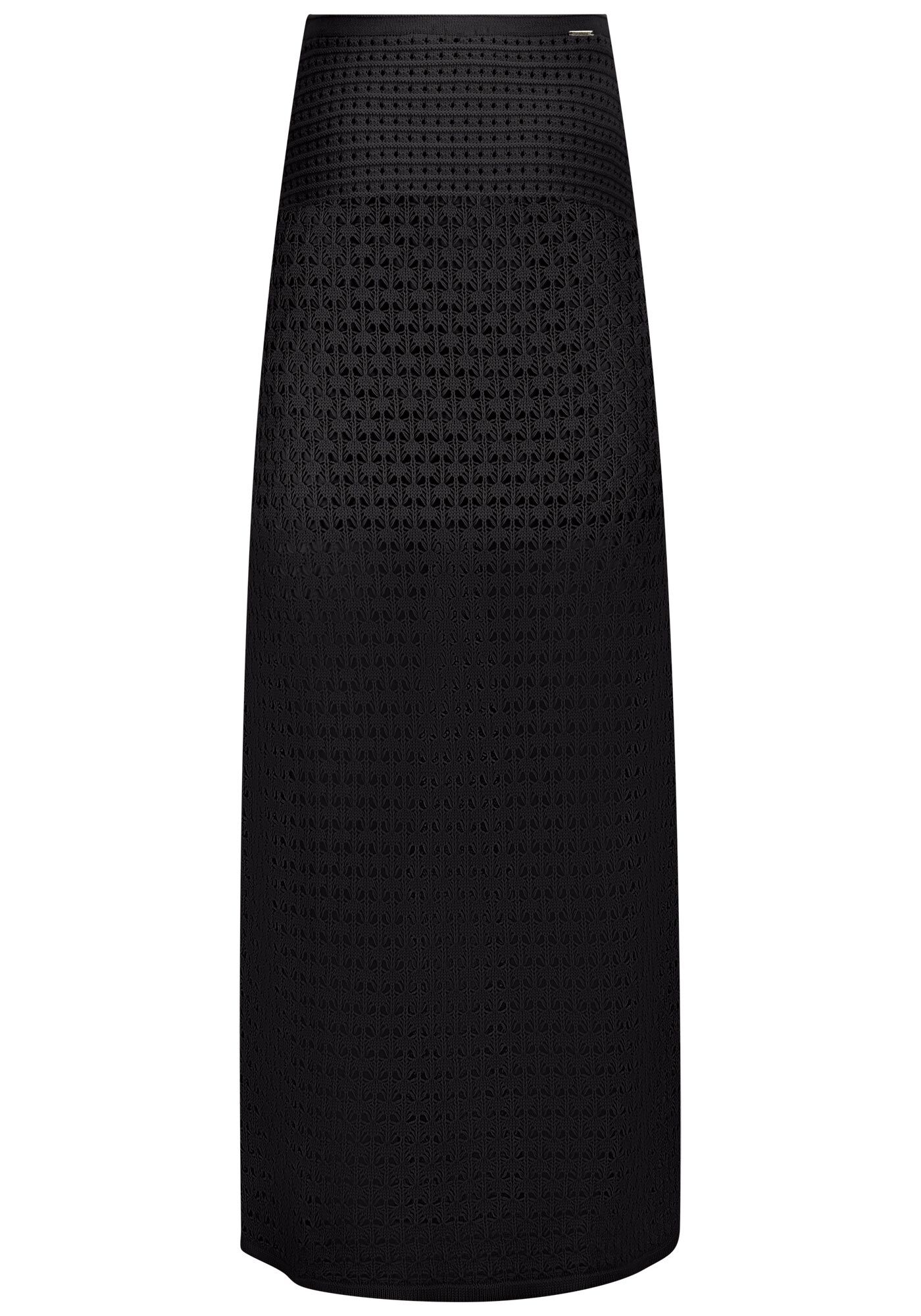 Saia Longa Cintura Alta em Tric&ocirc; Vazado com Forro Curto, PRETO REATIVO, large.