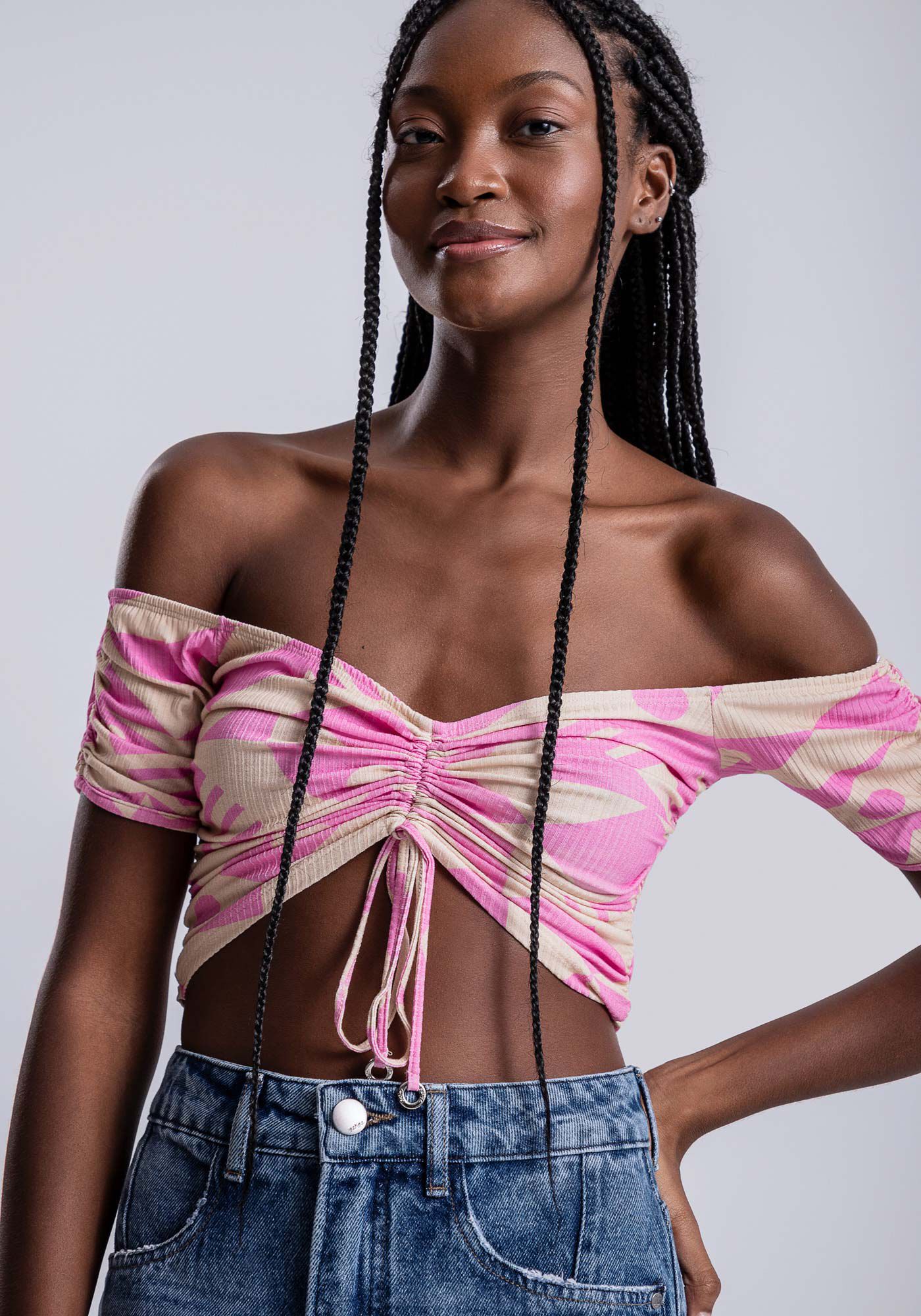 Blusa Ombro a Ombro Canelada com Amarra&ccedil;&atilde;o, , large.