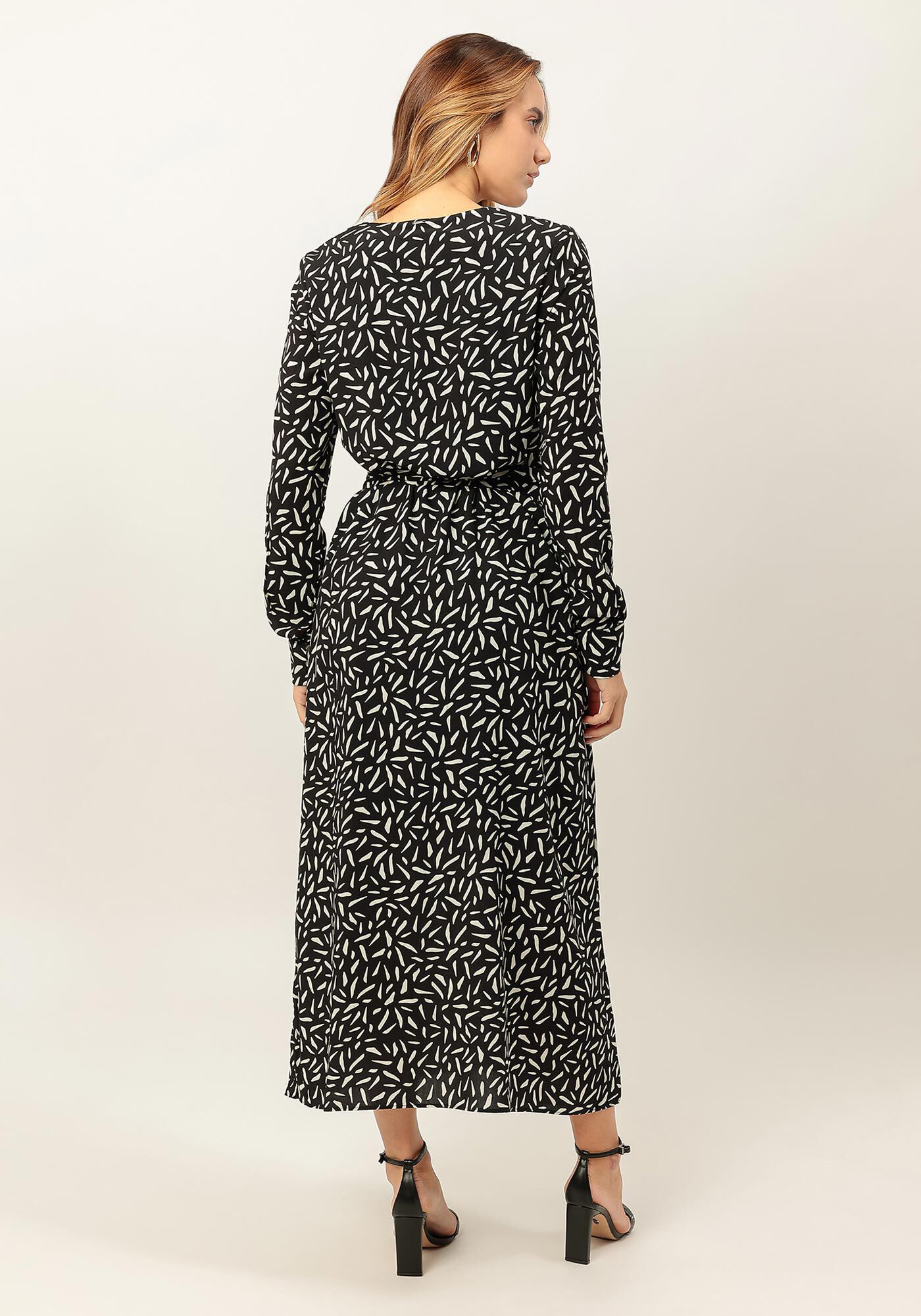 Vestido Midi Manga Longa Estampado com Cinto, , large.