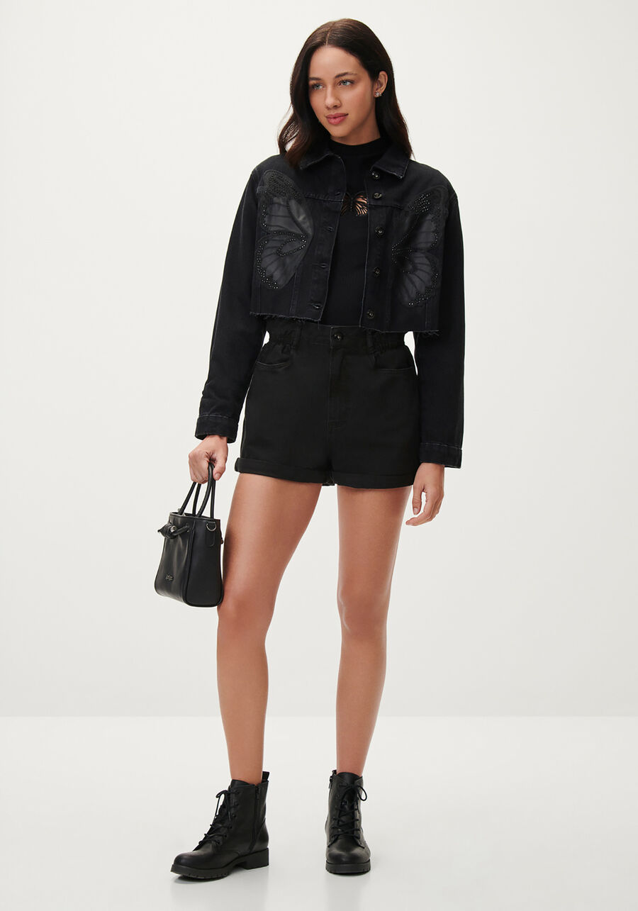 Jaqueta Jeans Cropped com Bordado Borboleta, PRETO REATIVO. Jaqueta Jeans Cropped com Bordado Borboleta, PRETO REATIVO, large.