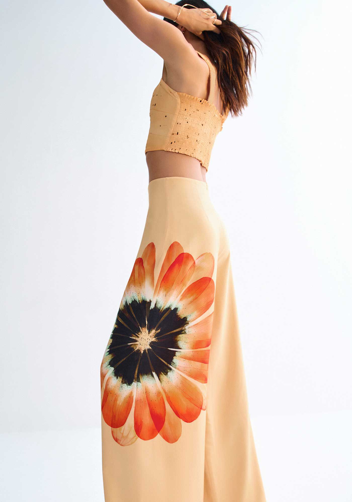 Cal&ccedil;a Pantalona em Viscose com Estampa Blossom, BLOSSOM LARANJA, large.