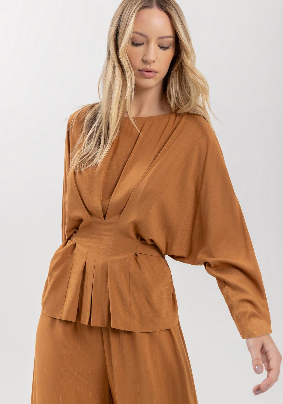 Blusa De Mangas Longas Com Pregas Frontais E Fios De Lurex, MARROM ESPERADO. Blusa De Mangas Longas Com Pregas Frontais E Fios De Lurex, MARROM ESPERADO, large.