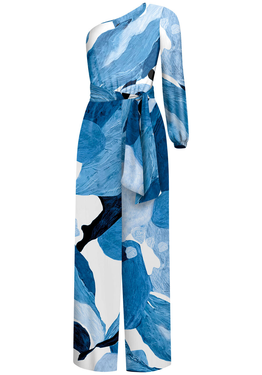 Macacão Longo Estampado Um Ombro Só com Cinto, . Macacão Longo Estampado Um Ombro Só com Cinto, , large.