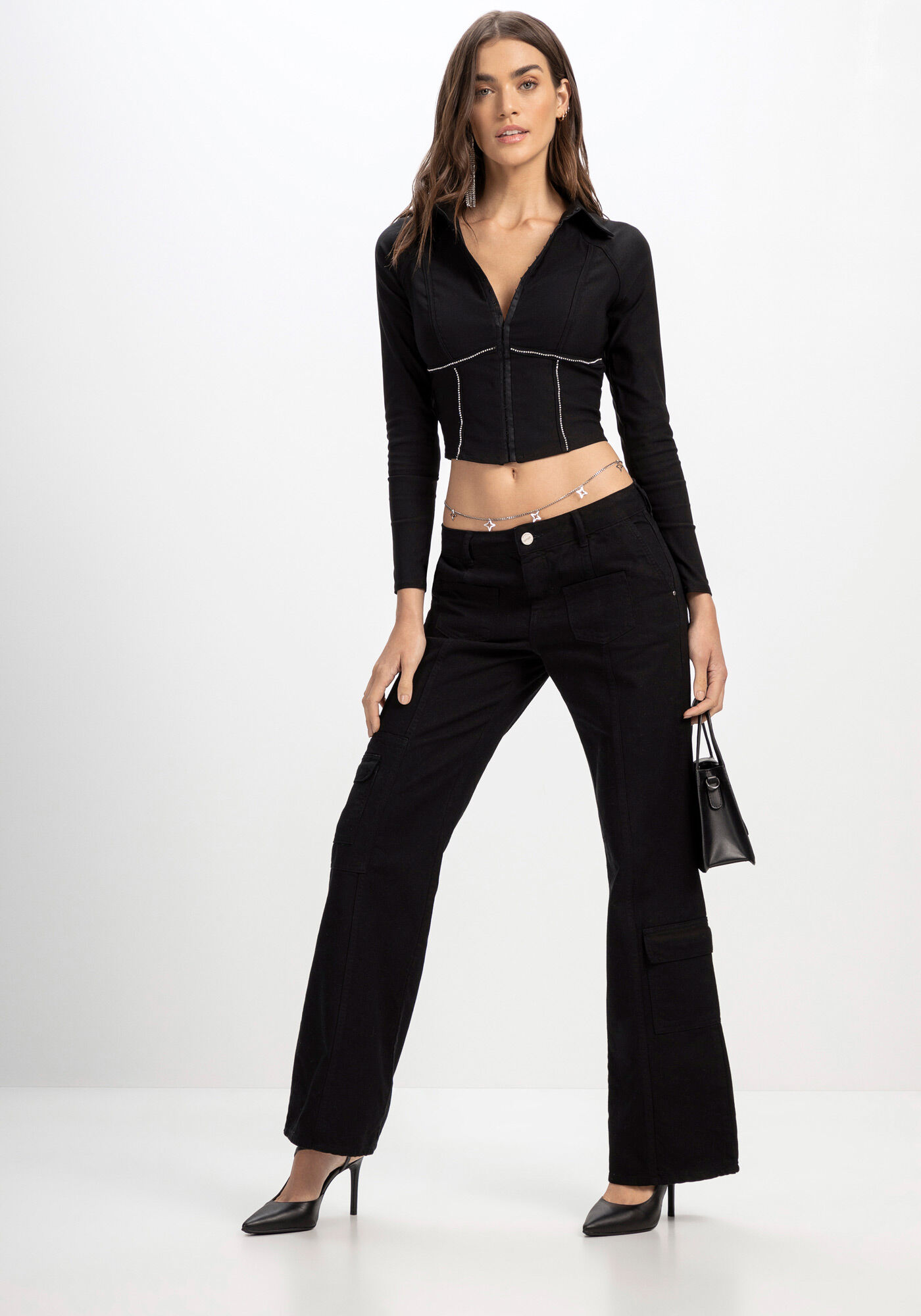 Camisa Manga Longa Estruturada com Strass, PRETO REATIVO, large.