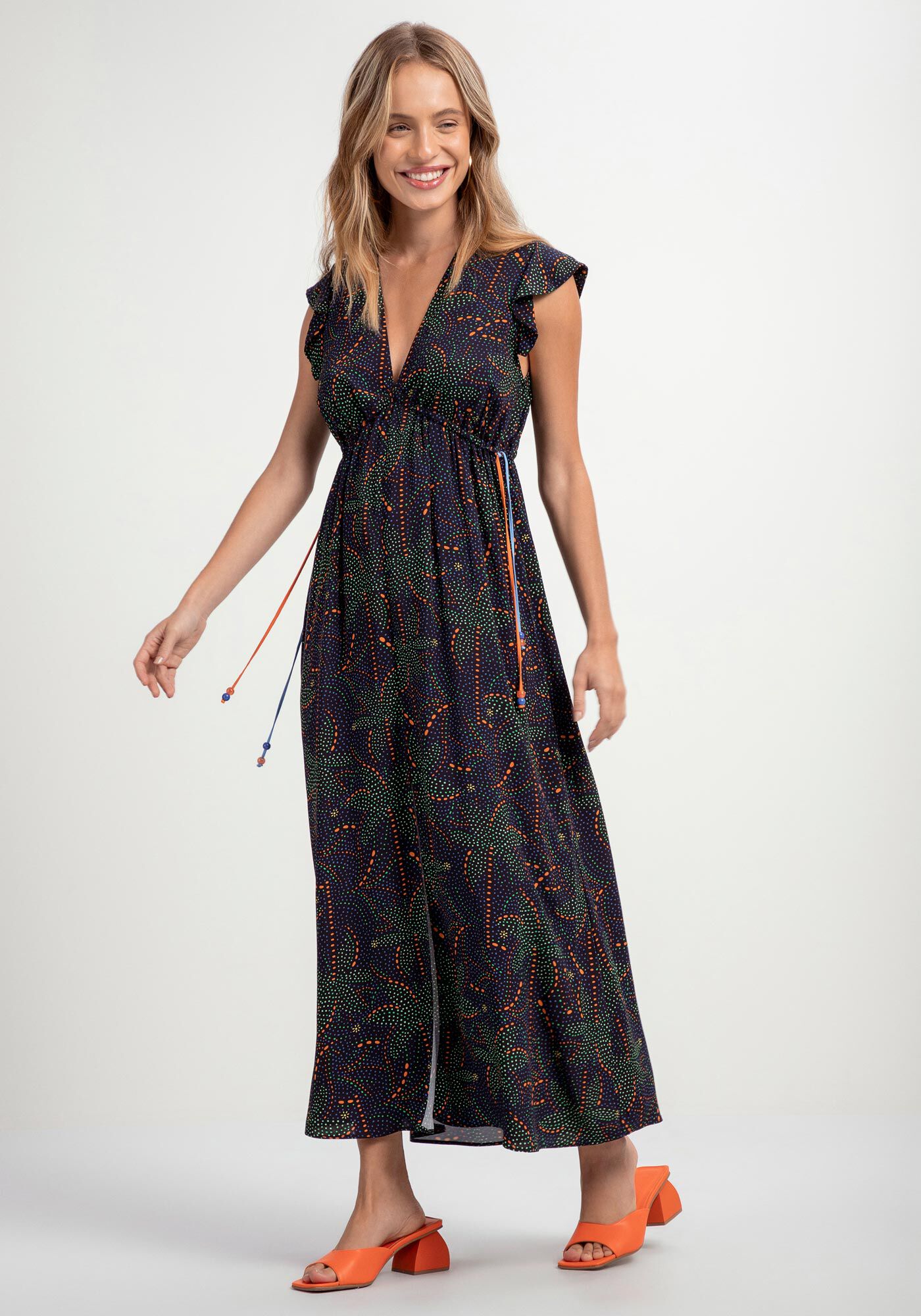 Vestido Midi em Viscose com Amarra&ccedil;&atilde;o Cintura, , large.