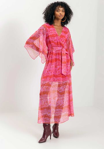 Vestido Chá Estampado Com Mangas Amplas E Faixa, COLOR SKIN ROSA. Vestido Chá Estampado Com Mangas Amplas E Faixa, COLOR SKIN ROSA, large.