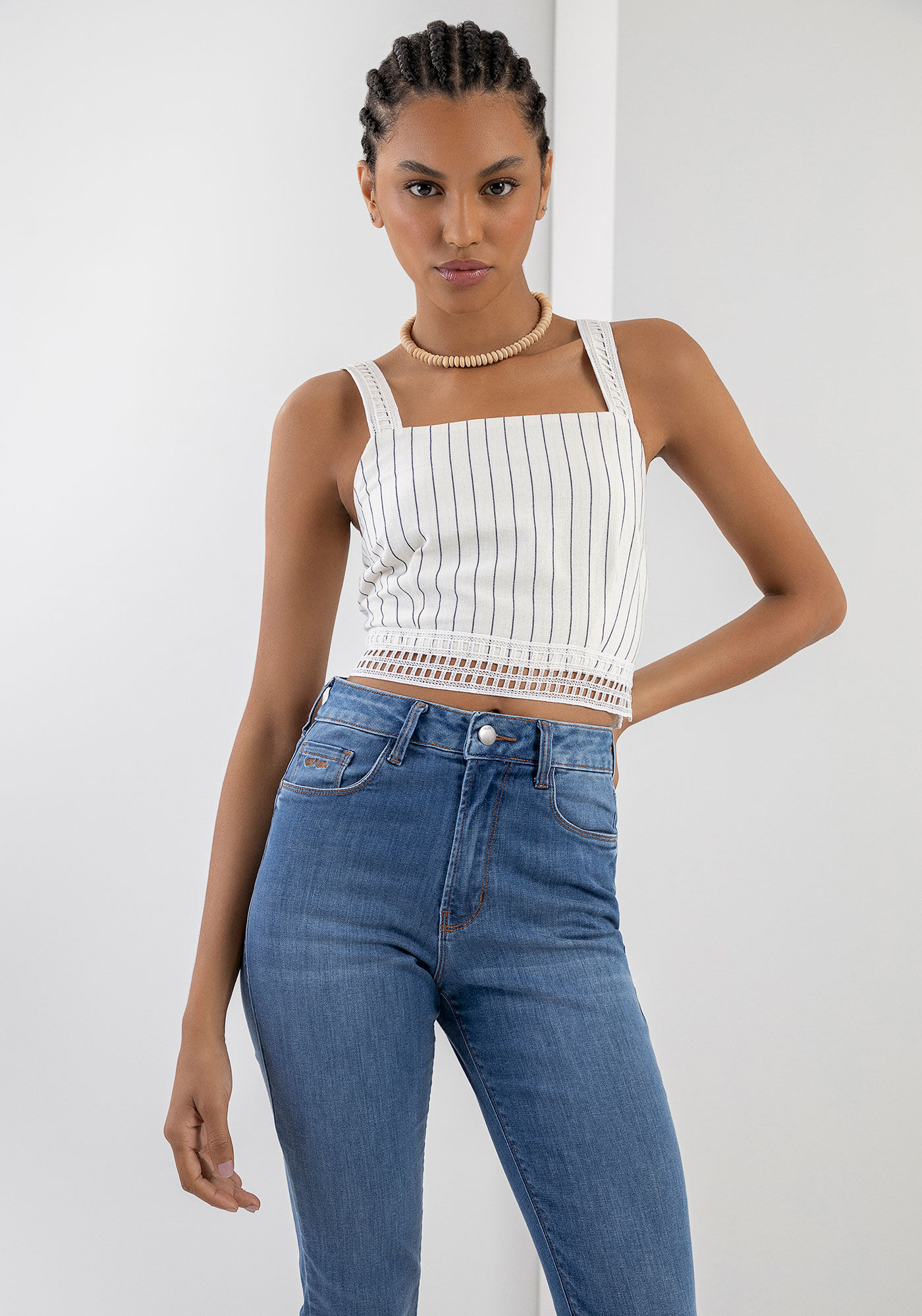 Blusa Cropped Estampada em Linho com Renda, , large.