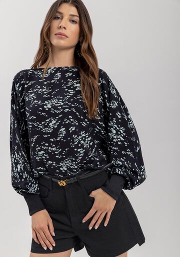 Blusa Estampada Com Mangas Amplas E Punhos Ajustados, LUMINE PRETO. Blusa Estampada Com Mangas Amplas E Punhos Ajustados, LUMINE PRETO, large.