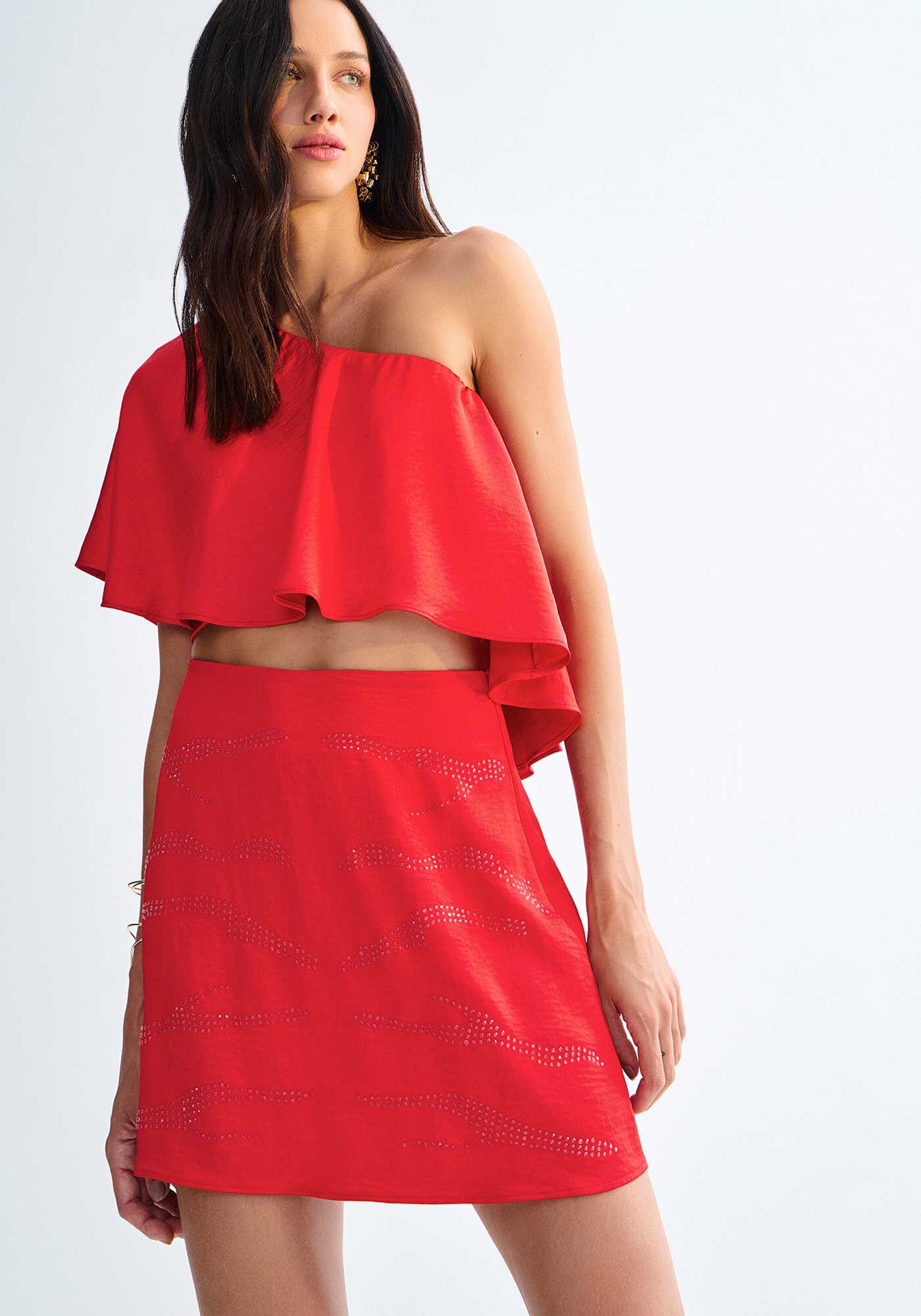 Saia Curta Cintura Alta com Strass, , large.