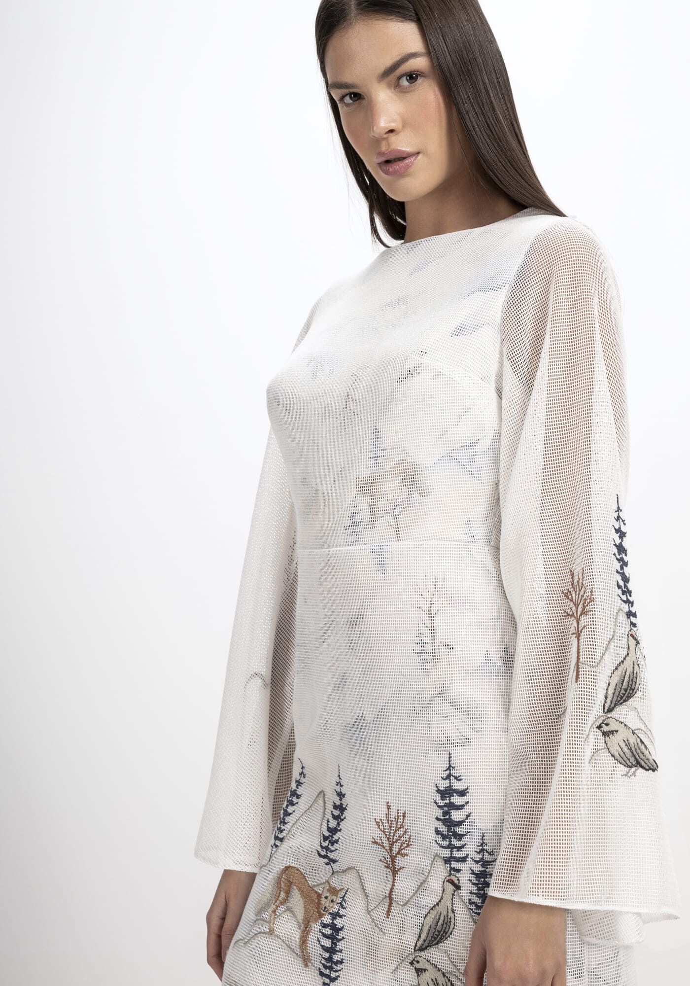 Vestido Curto Manga Longa em Tela com Bordado, FOX, large.