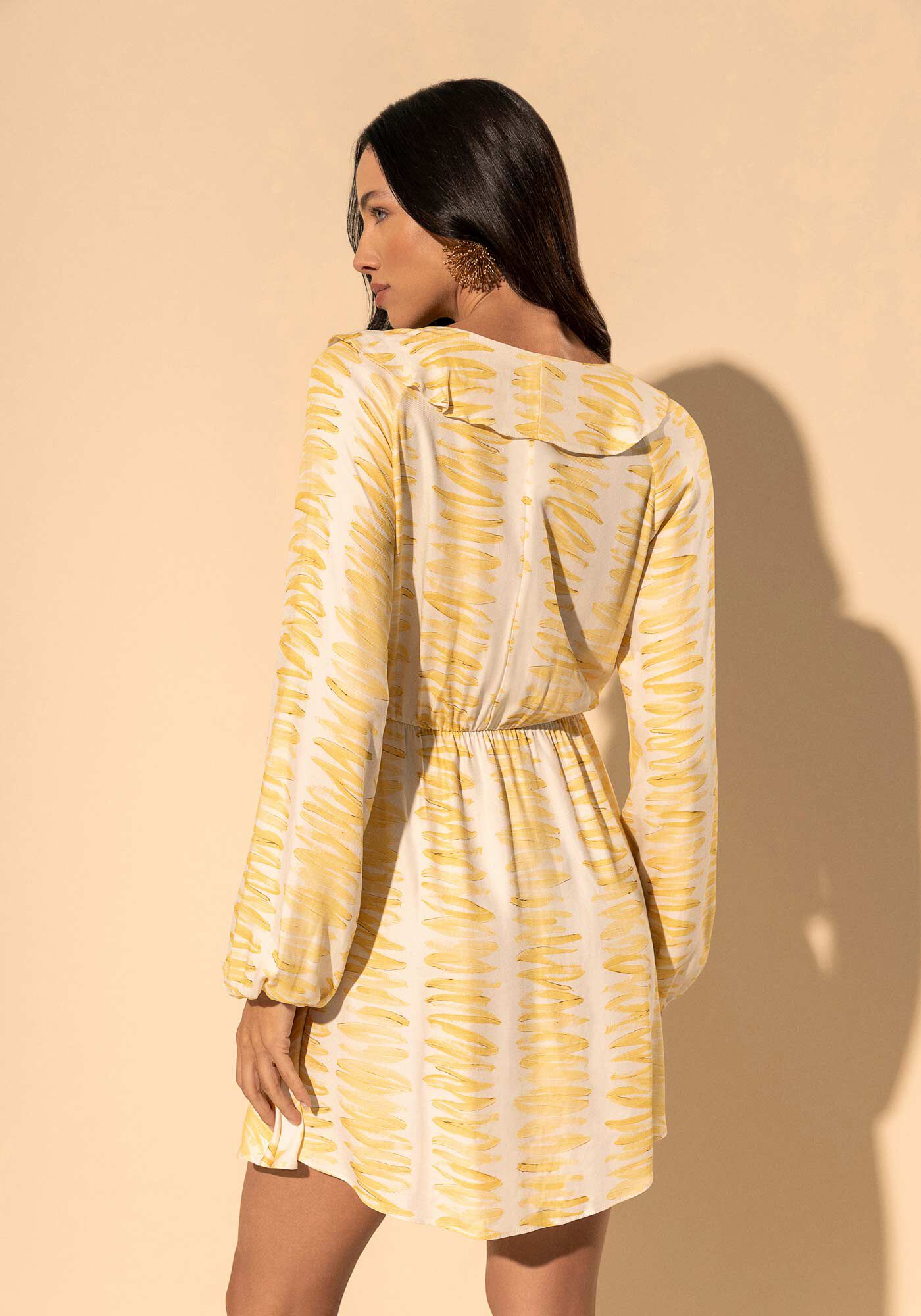 Vestido Curto Estampado De Mangas Longas Com Babados, PETALAS OFF, large.