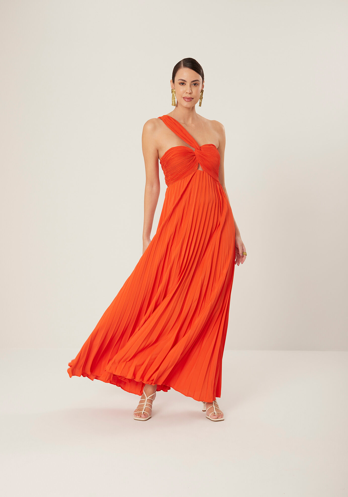 Vestido Longo Plissado De Um Ombro S&oacute; Com Tor&ccedil;&atilde;o Frontal, , large.